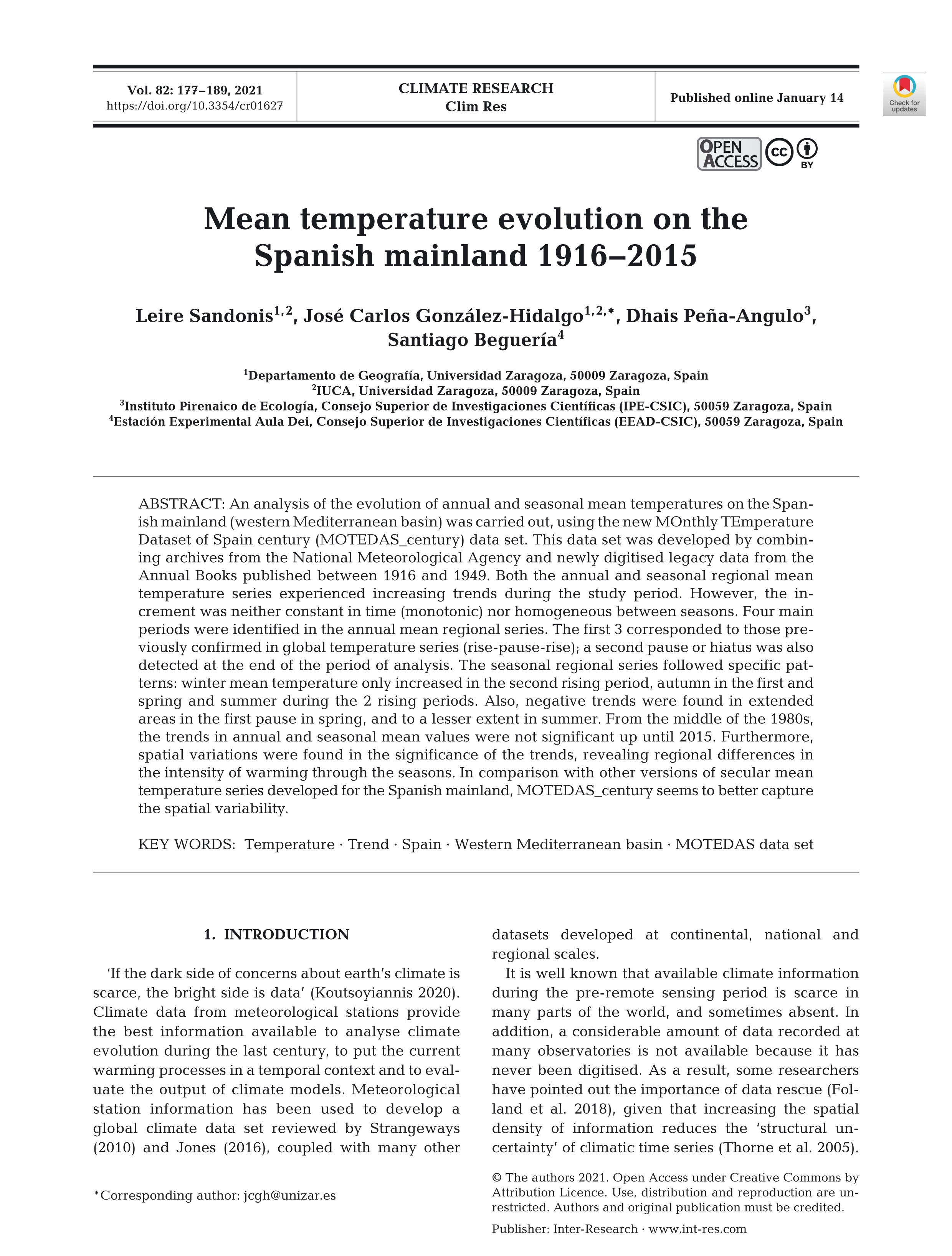 Mean temperature evolution on the Spanish mainland 1916-2015