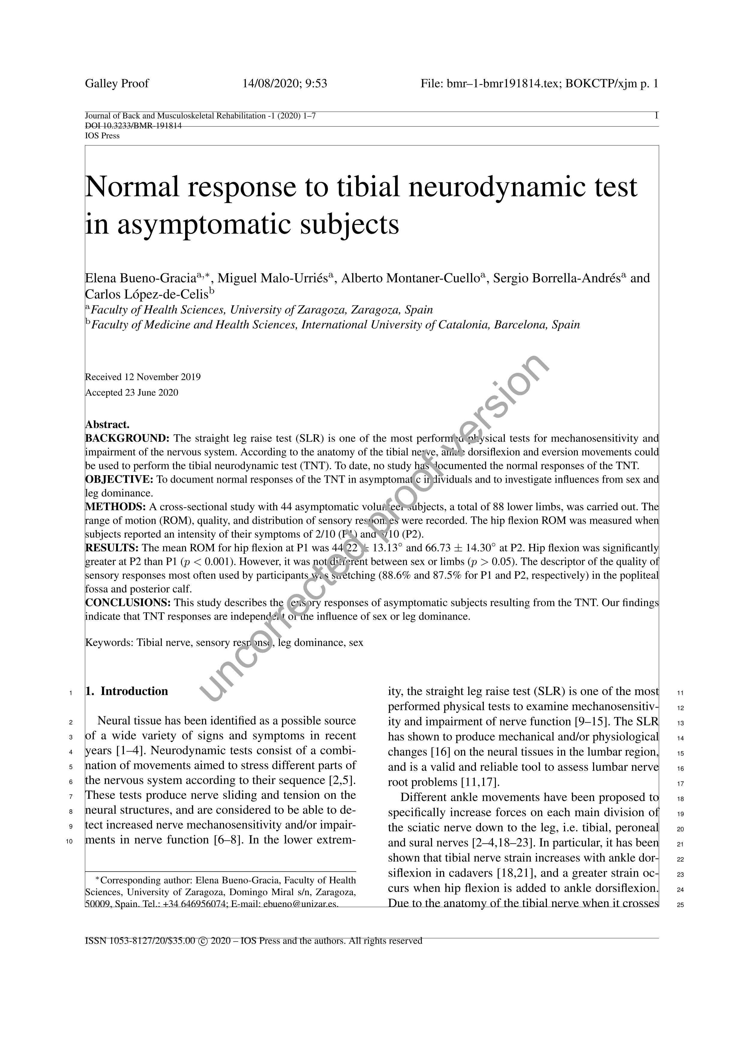 Normal response to tibial neurodynamic test in asymptomatic subjects