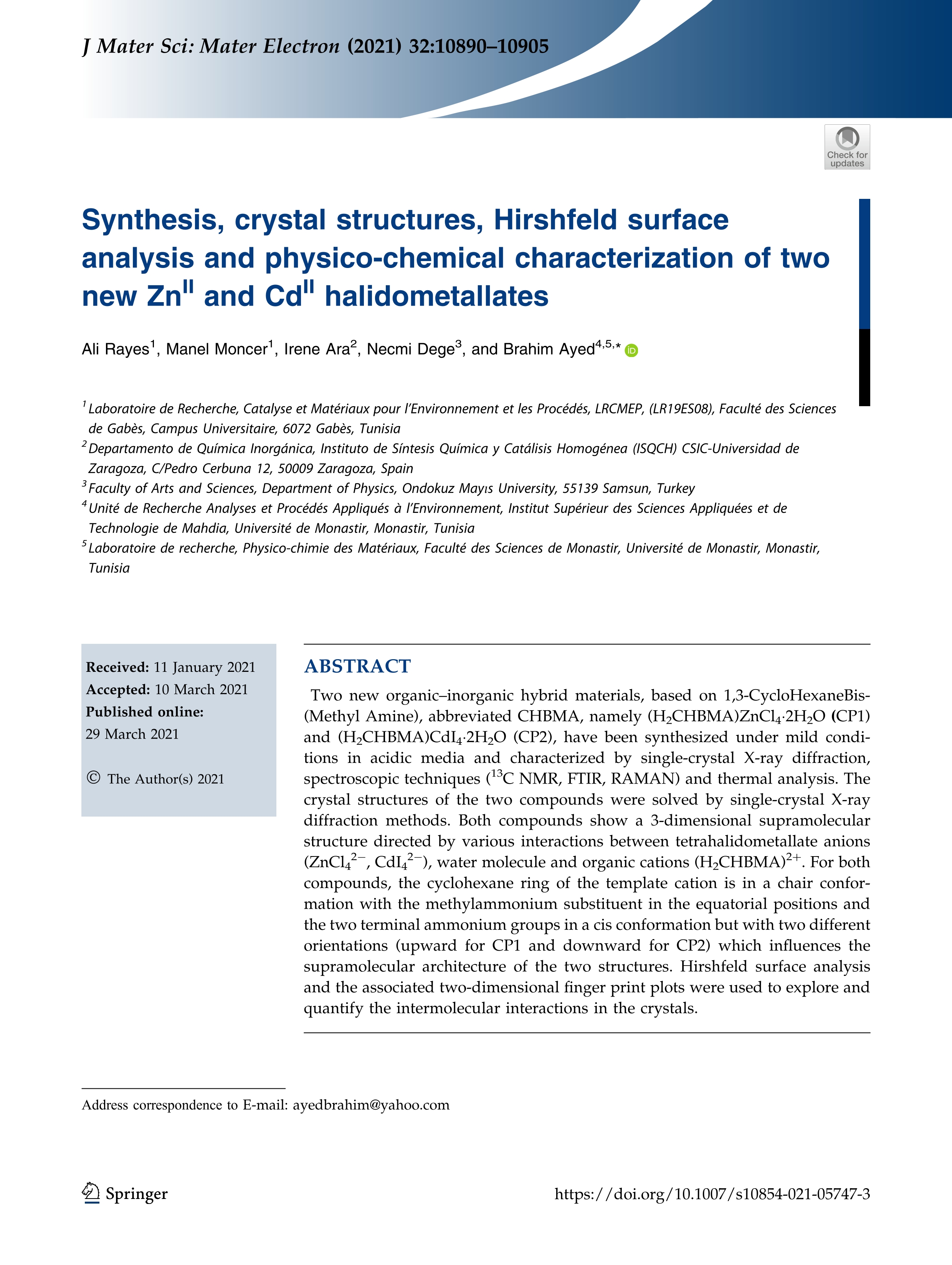 Synthesis, crystal structures, Hirshfeld surface analysis and physico-chemical characterization of two new ZnII and CdII halidometallates