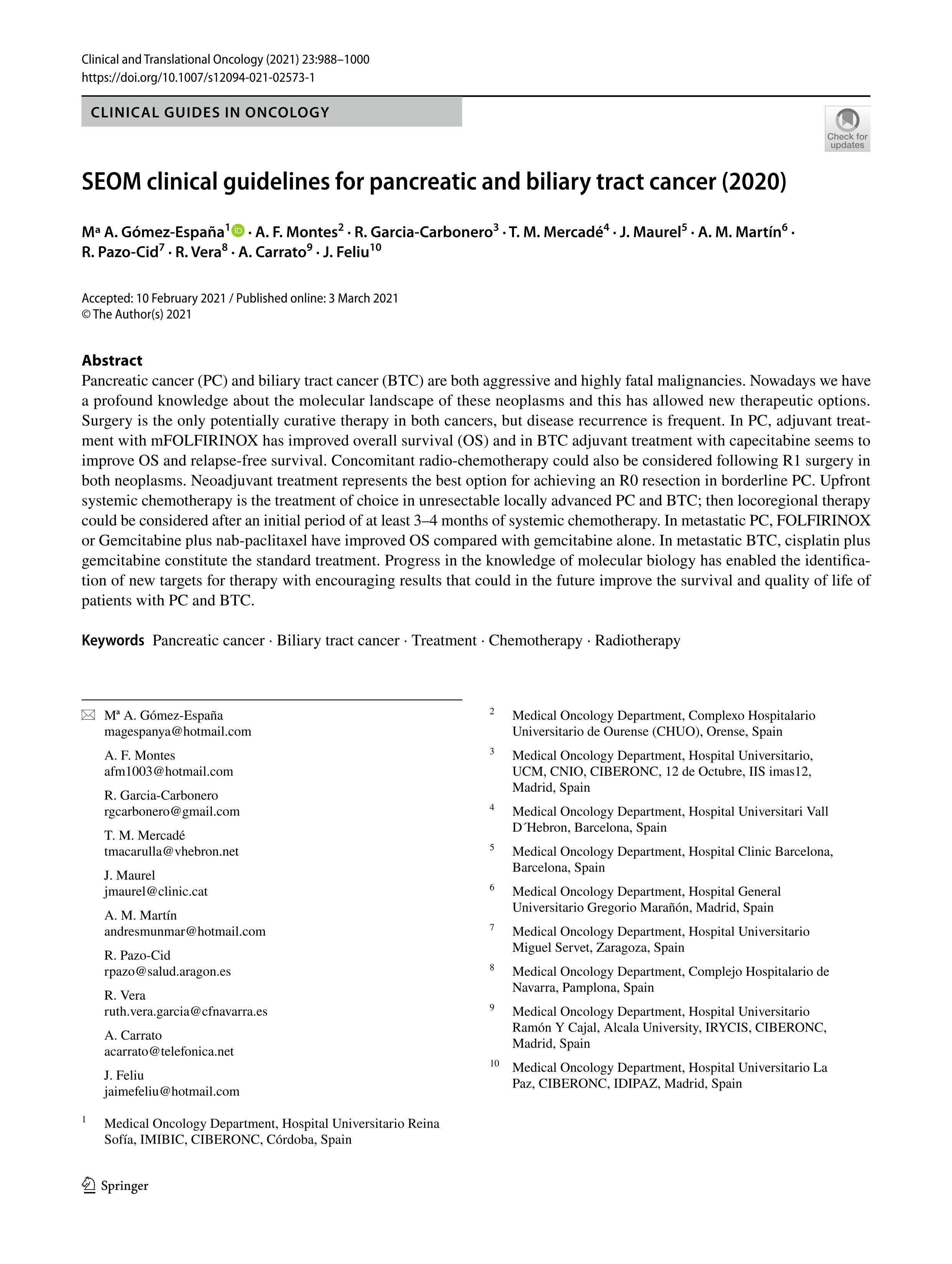 SEOM clinical guidelines for pancreatic and biliary tract cancer (2020)
