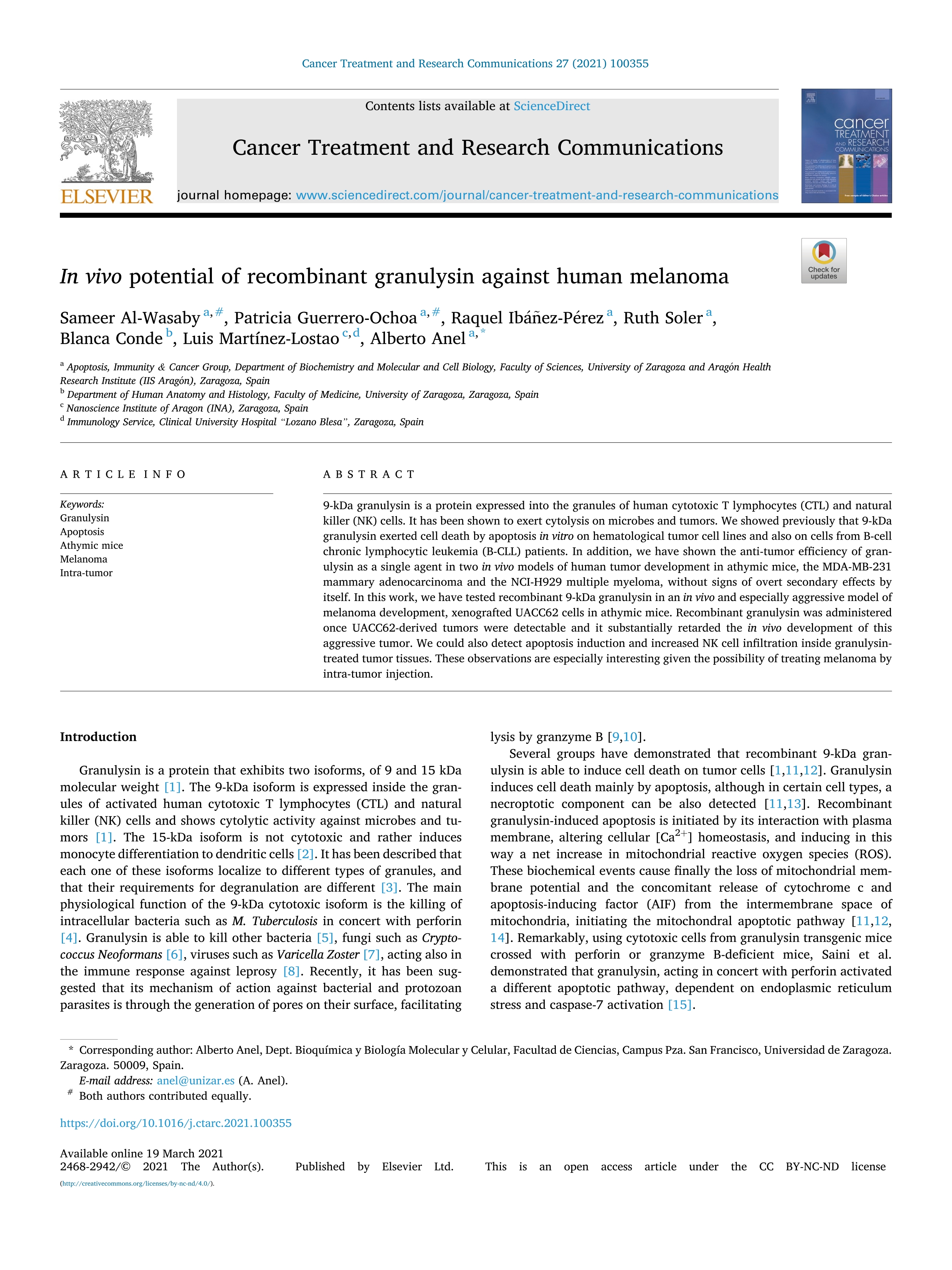 In vivo potential of recombinant granulysin against human melanoma