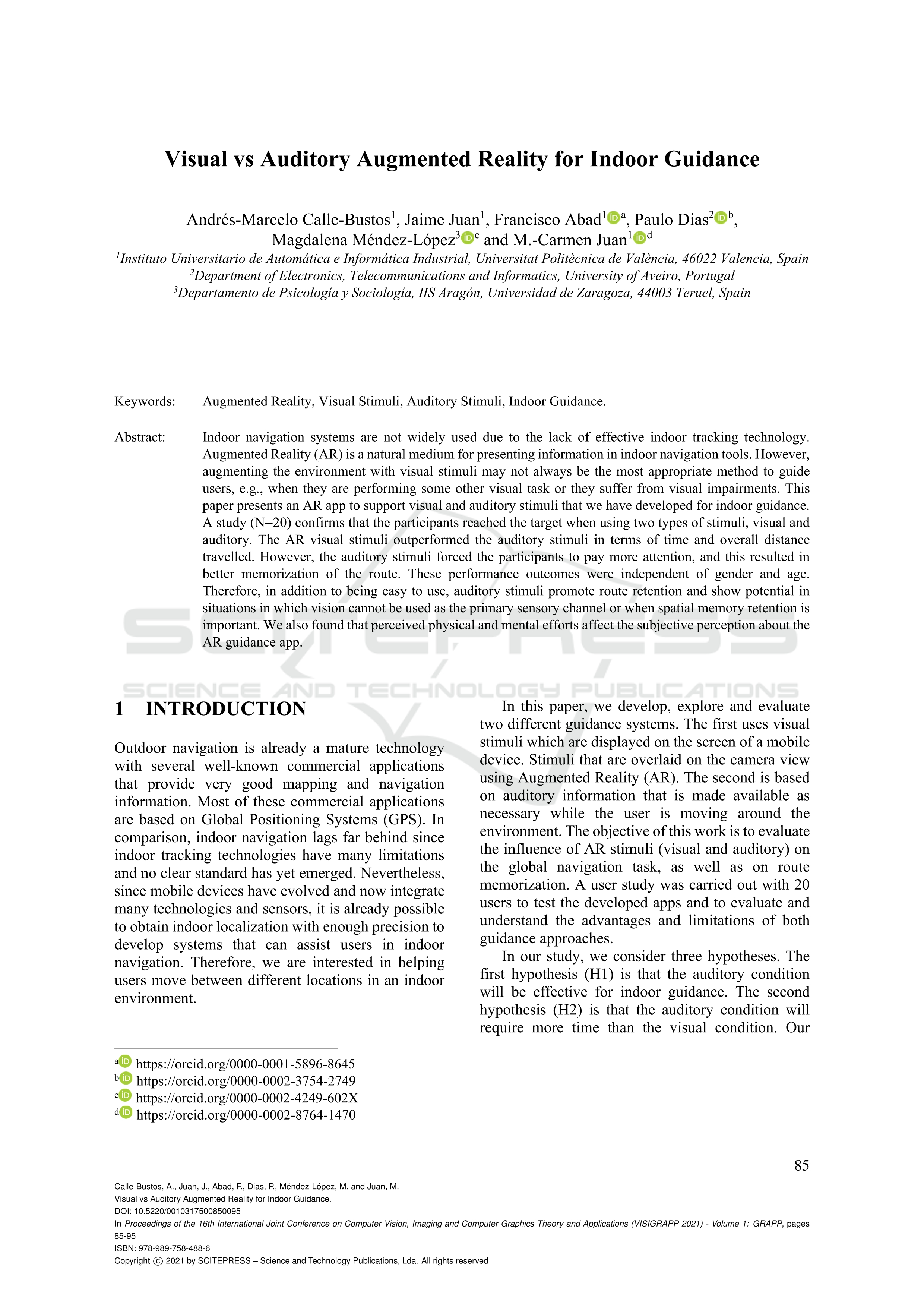 Visual vs auditory augmented reality for indoor guidance