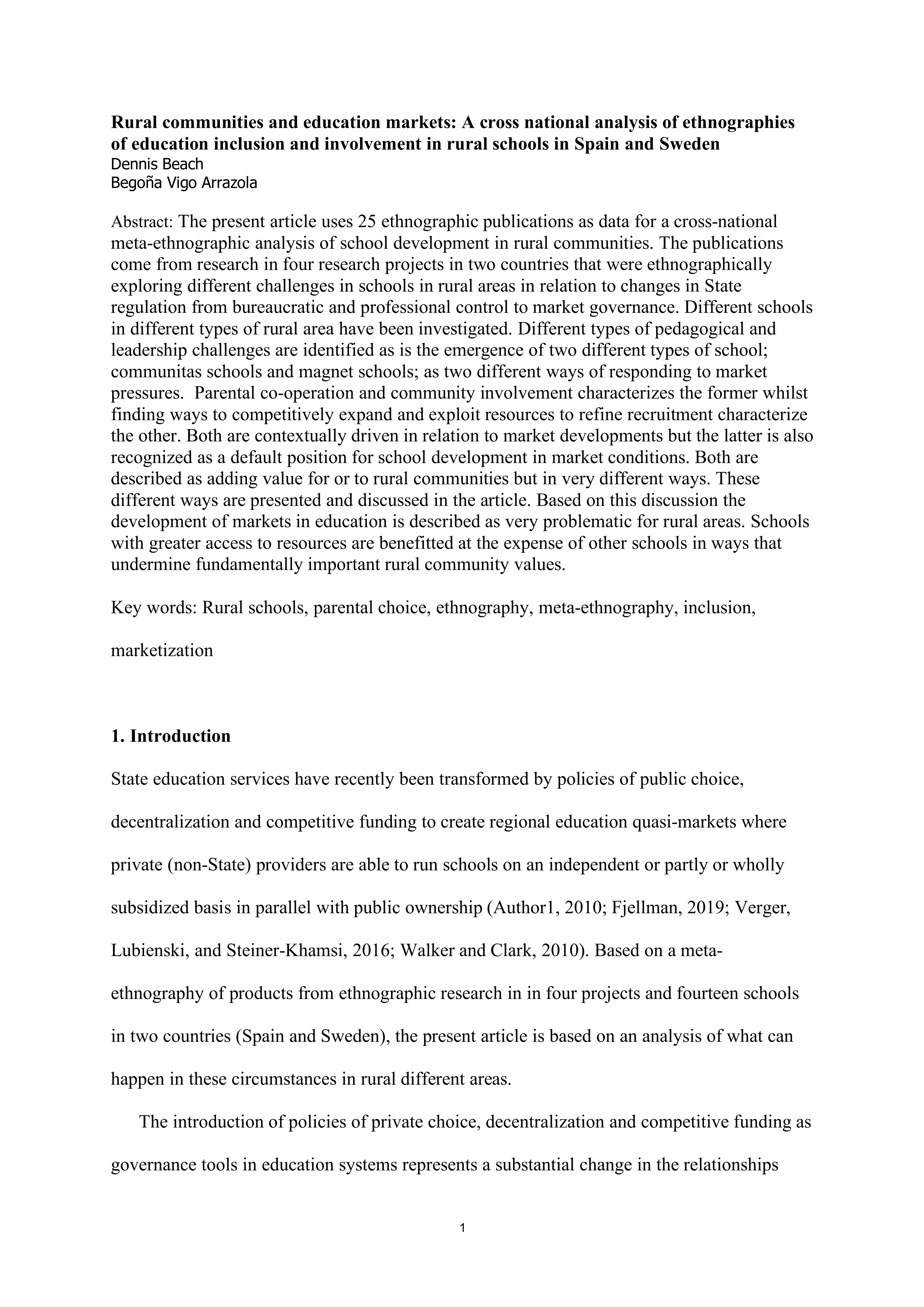 Community and the education market: A cross-national comparative analysis of ethnographies of education inclusion and involvement in rural schools in Spain and Sweden