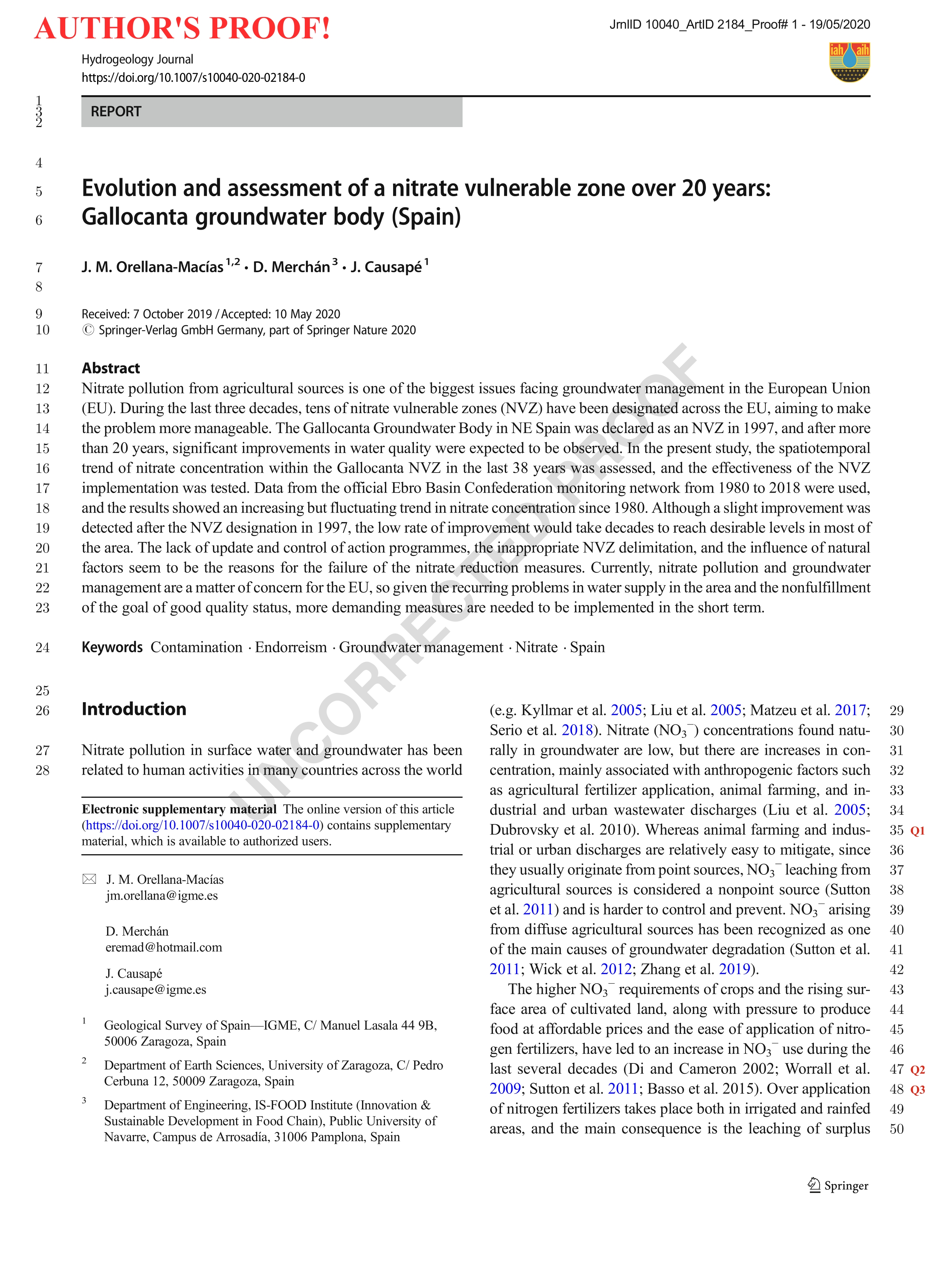 Evolution and assessment of a nitrate vulnerable zone over 20 years: Gallocanta groundwater body (Spain)