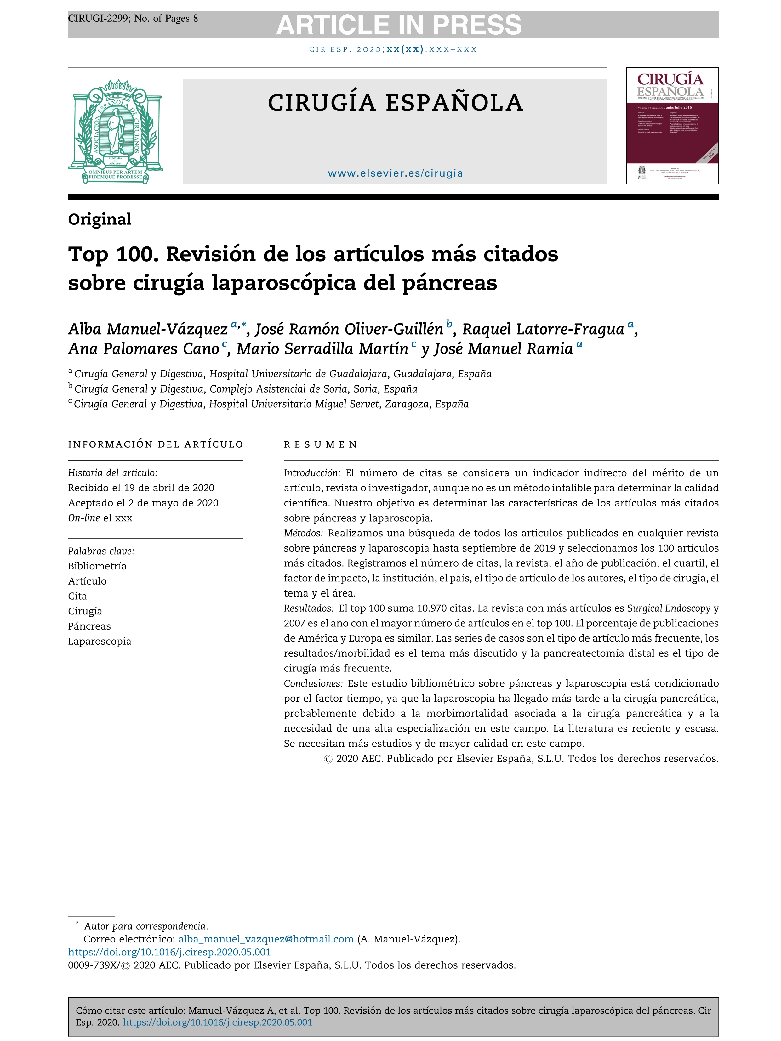 Top 100. Revisión de los artículos más citados sobre cirugía laparoscópica del páncreas