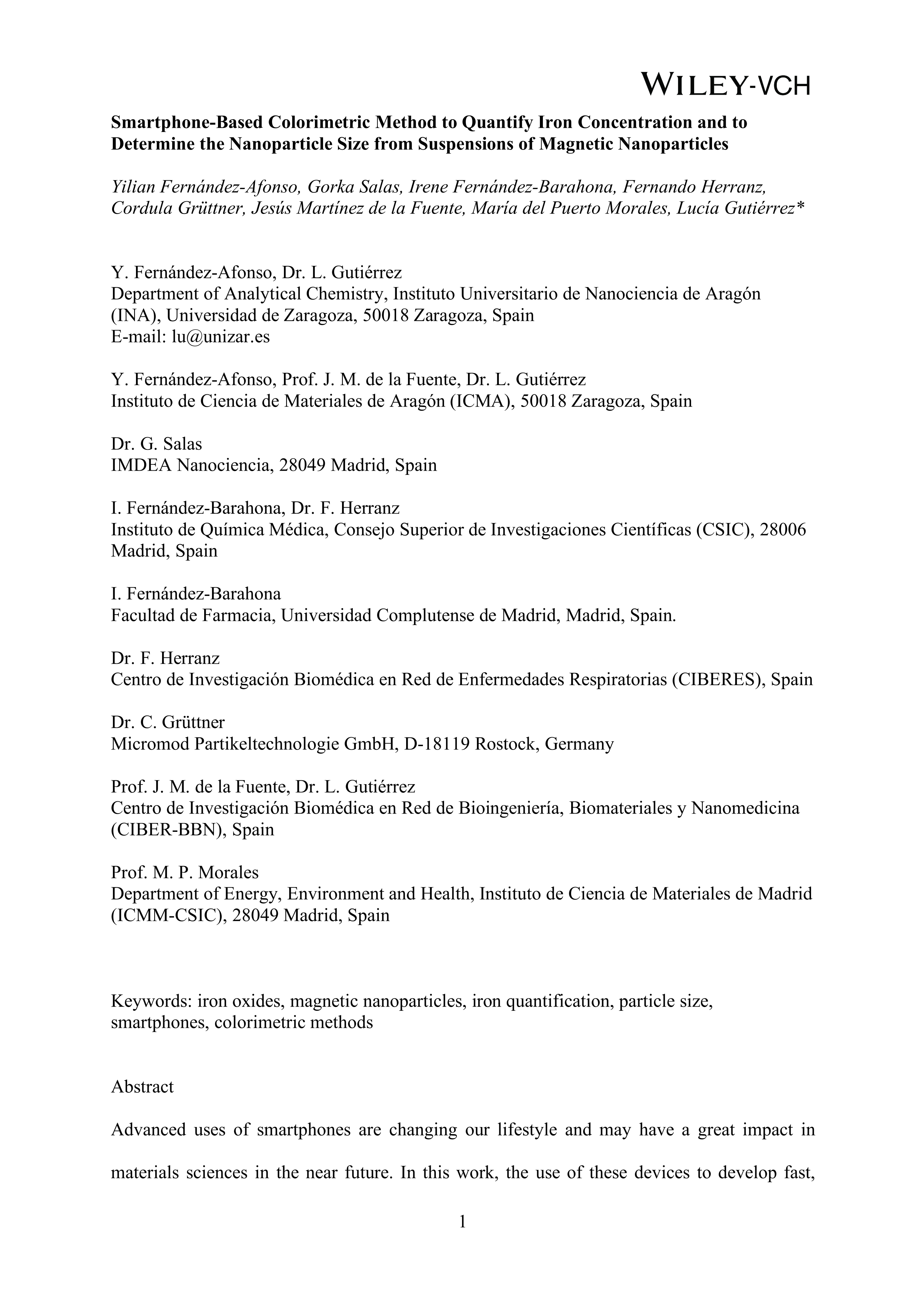 Smartphone-based colorimetric method to quantify iron concentration and to determine the nanoparticle size from suspensions of magnetic nanoparticles