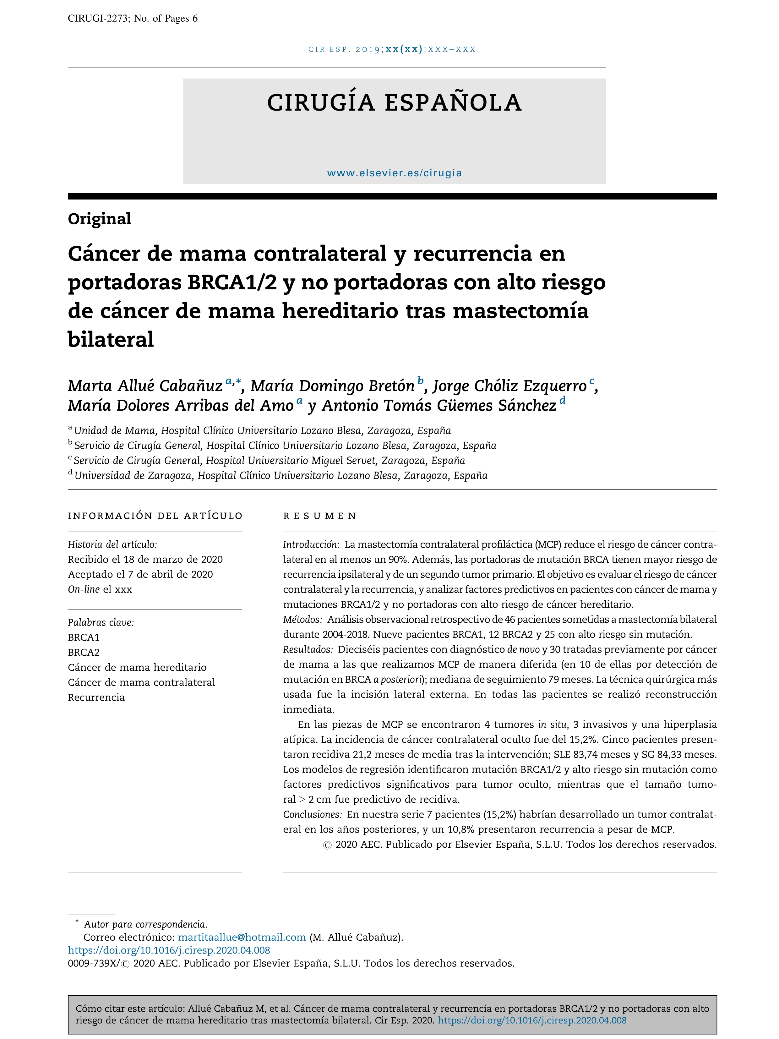 Cáncer de mama contralateral y recurrencia en portadoras BRCA1/2 y no portadoras con alto riesgo de cáncer de mama hereditario tras mastectomía bilateral