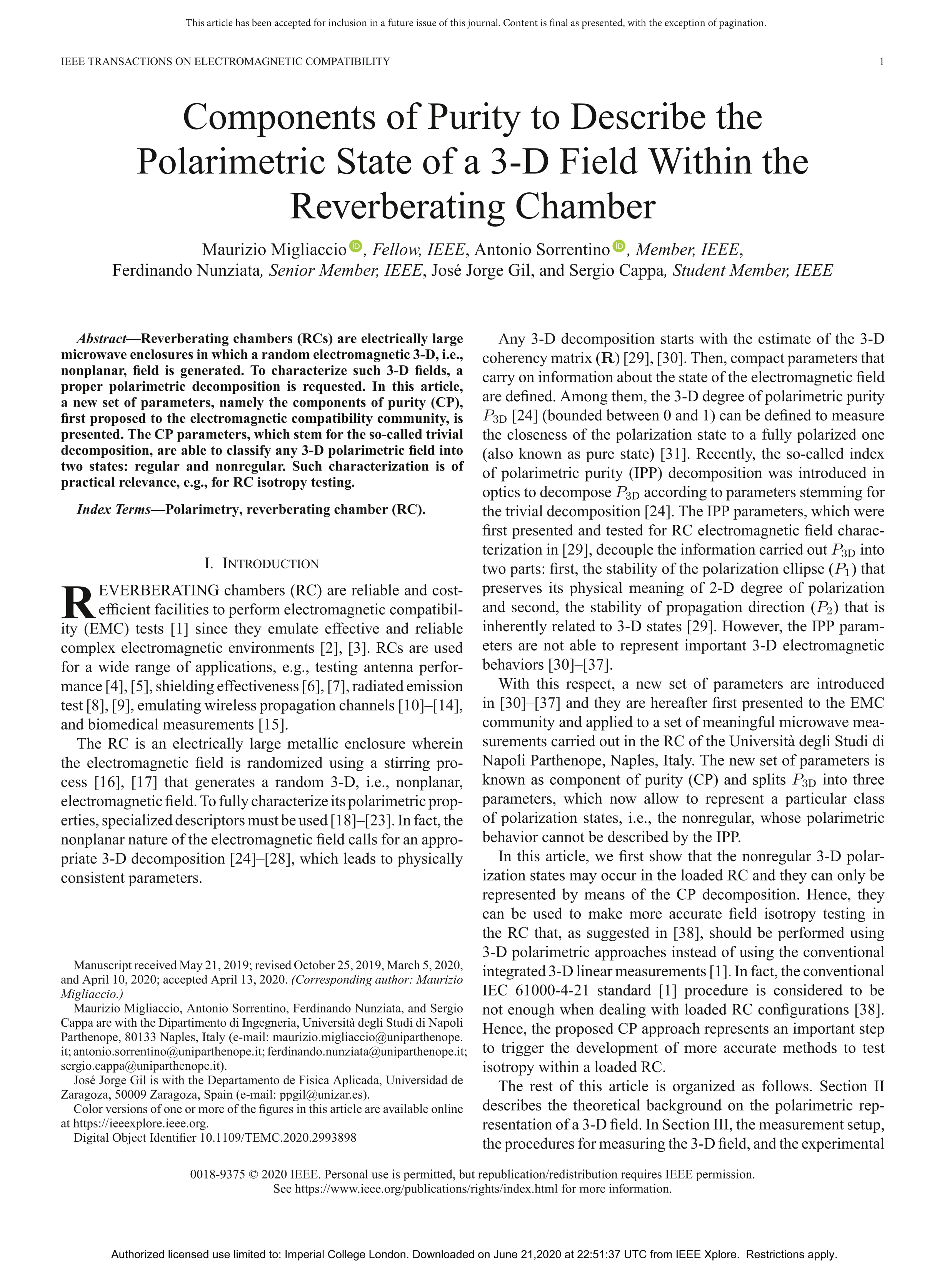 Components of Purity to Describe the Polarimetric State of a 3-D Field Within the Reverberating Chamber