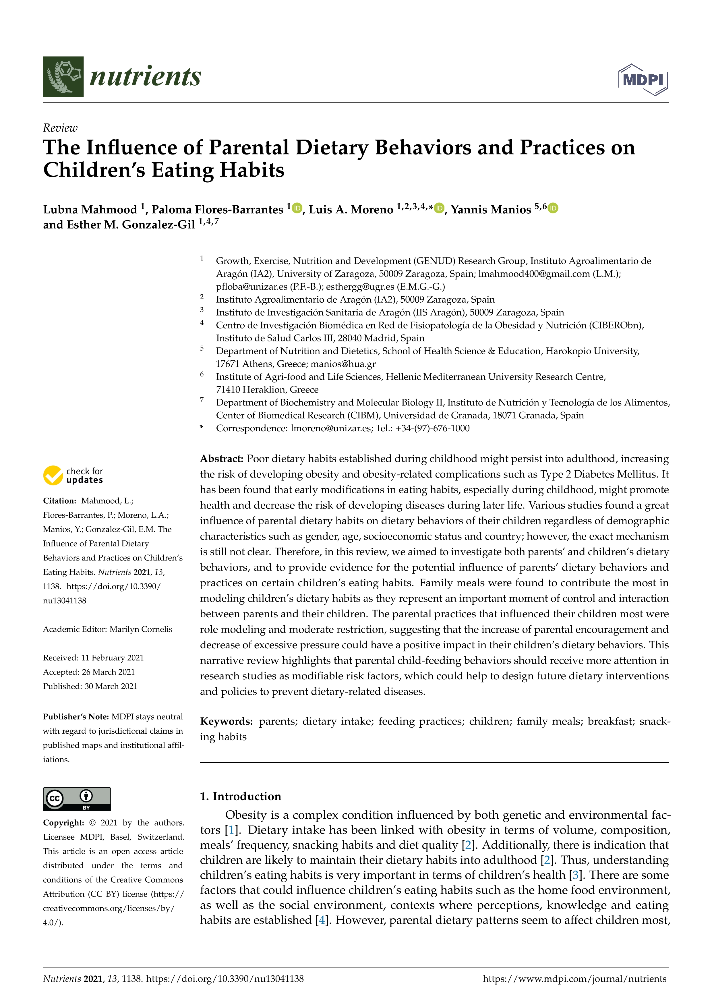 The influence of parental dietary behaviors and practices on children’s eating habits