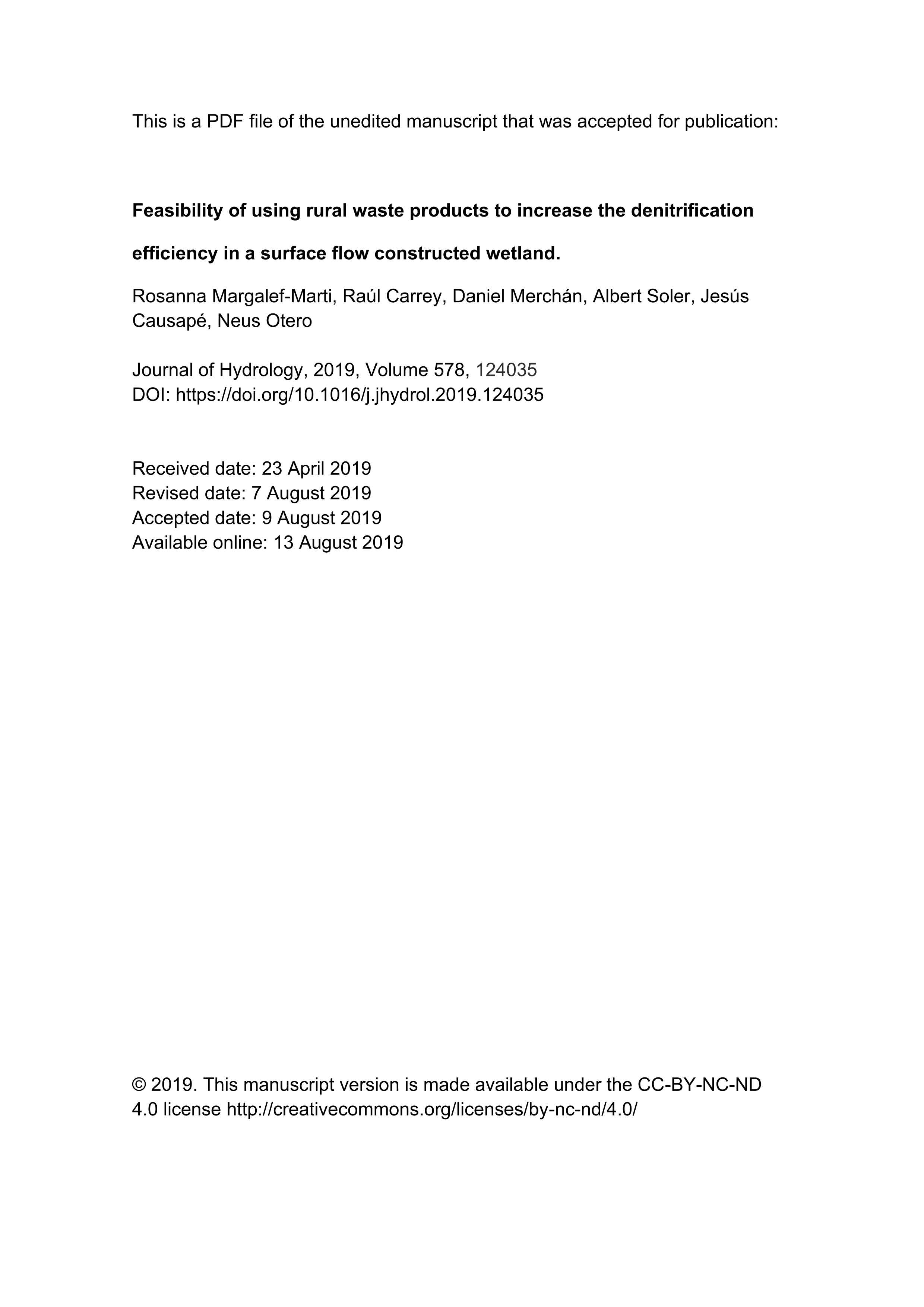 Feasibility of using rural waste products to increase the denitrification efficiency in a surface flow constructed wetland