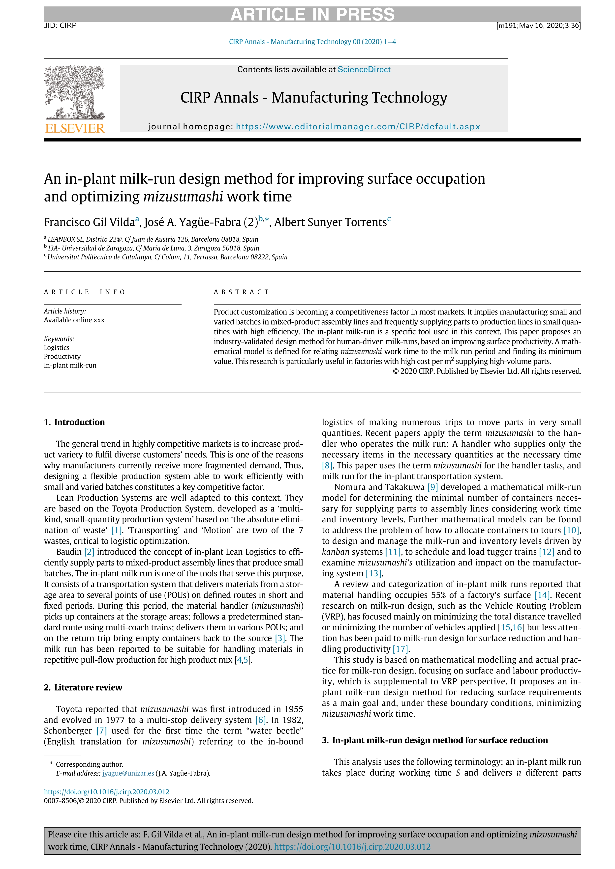 An in-plant milk-run design method for improving surface occupation and optimizing mizusumashi work time