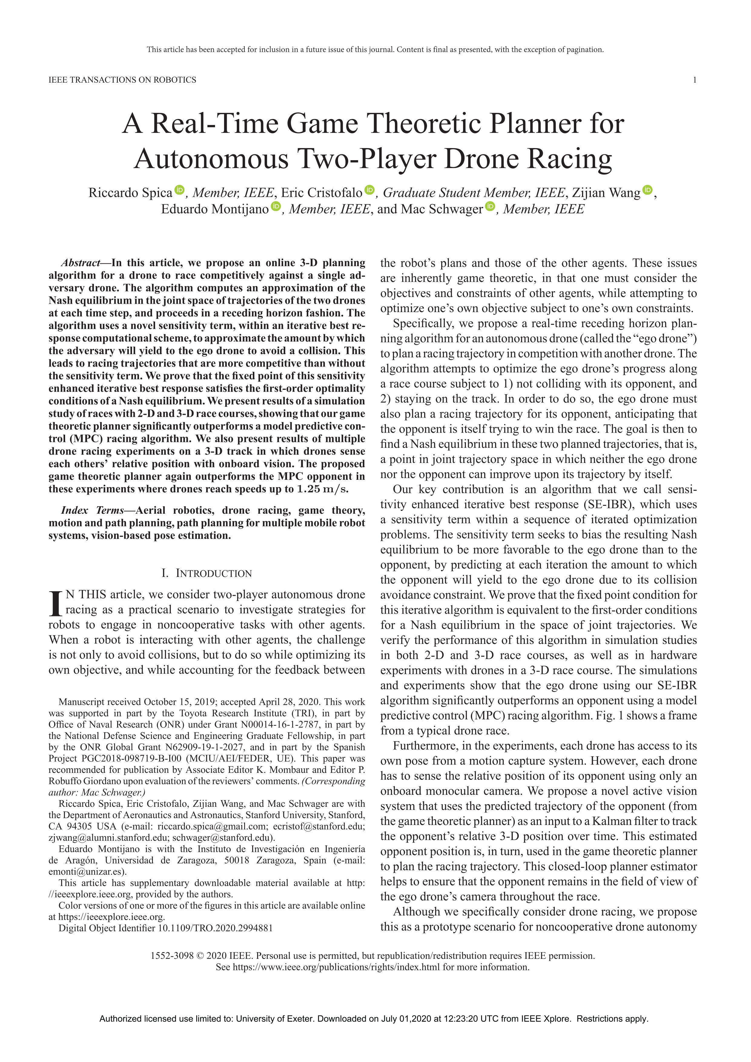 A Real-Time Game Theoretic Planner for Autonomous Two-Player Drone Racing