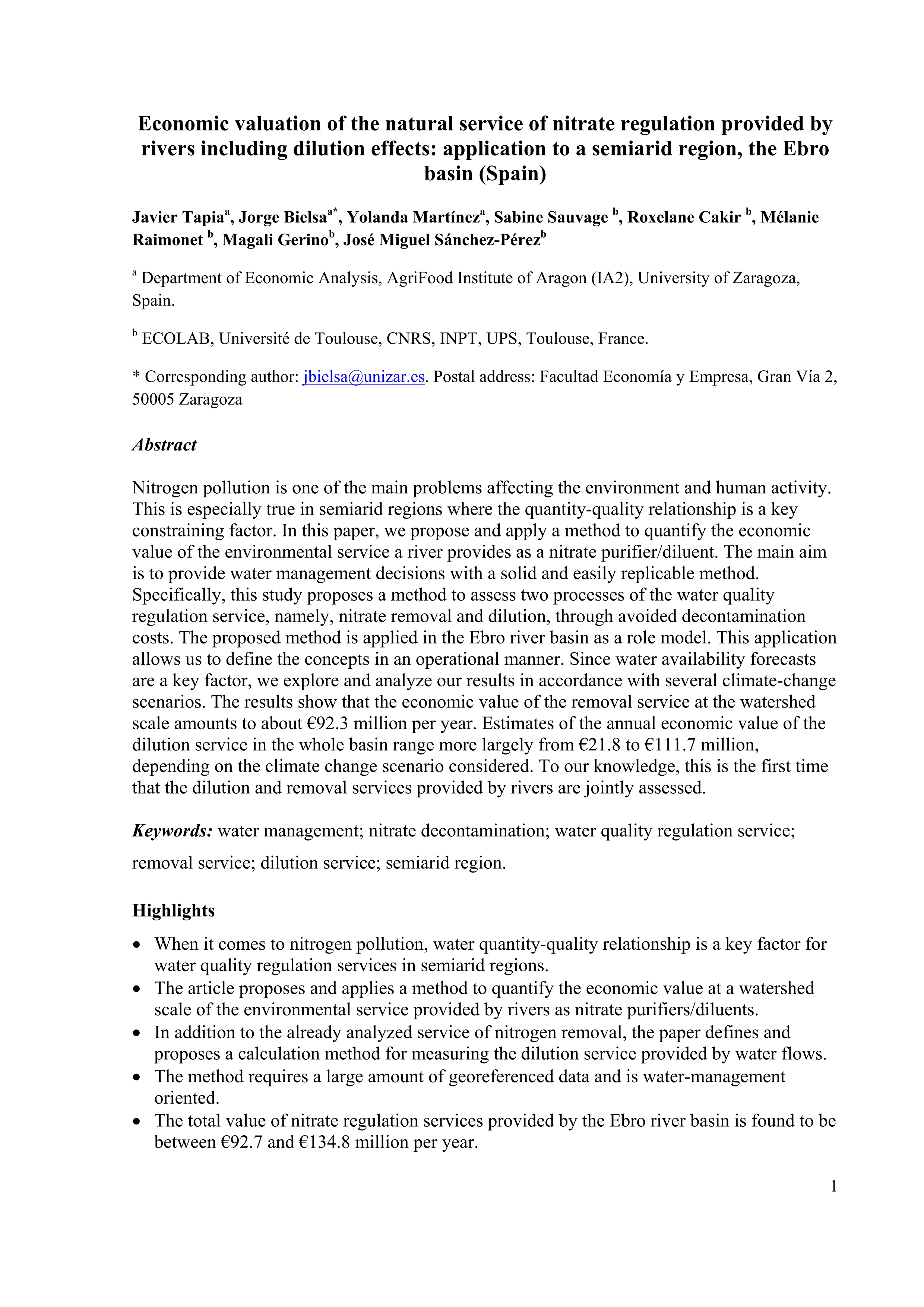 Economic valuation of the natural service of nitrate regulation provided by rivers including dilution effects: Application to a semiarid region, the Ebro basin (Spain)