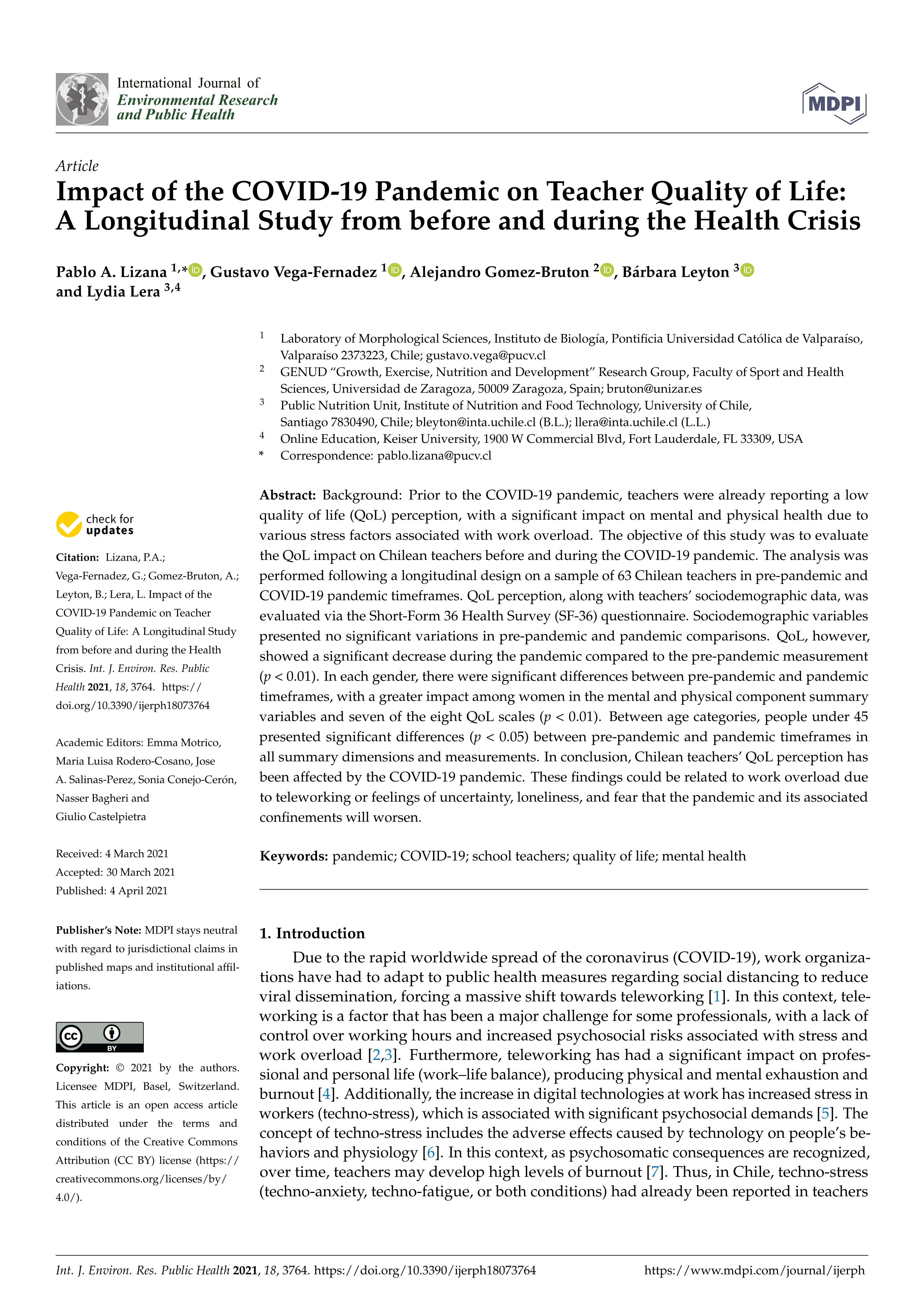 Impact of the covid-19 pandemic on teacher quality of life: A longitudinal study from before and during the health crisis