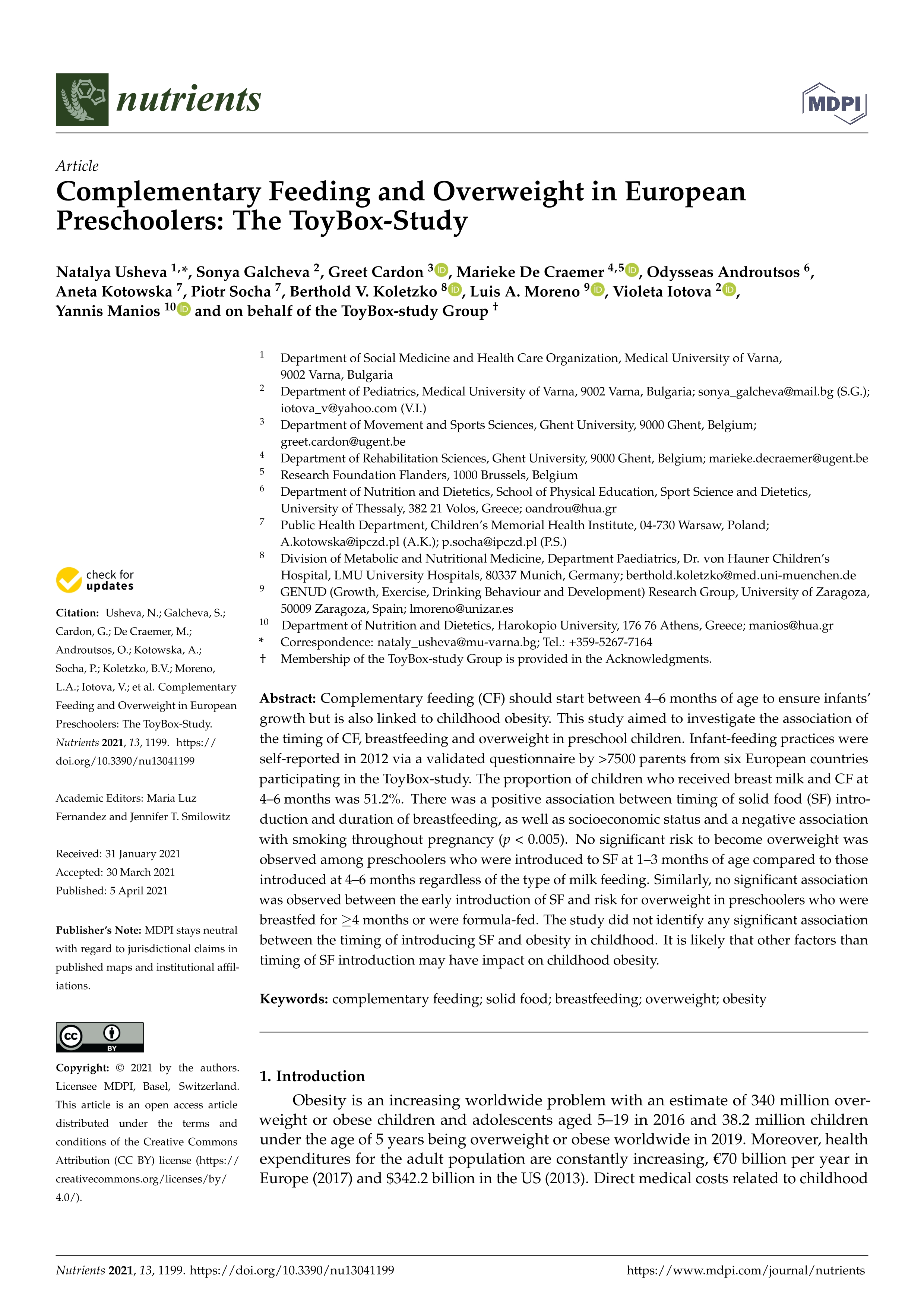 Complementary feeding and overweight in european preschoolers: The toybox-study