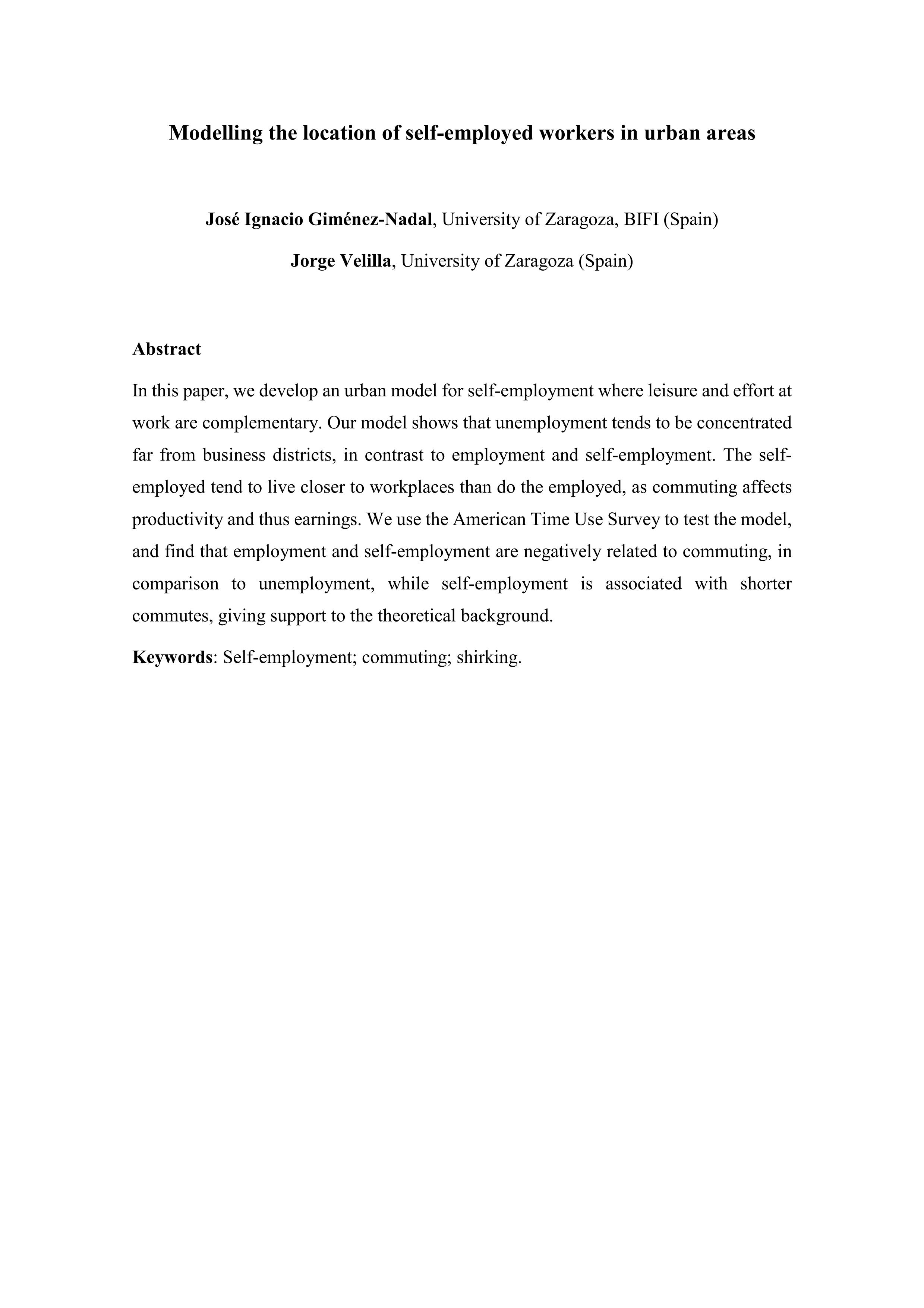 Modelling the location of self-employed workers in urban areas