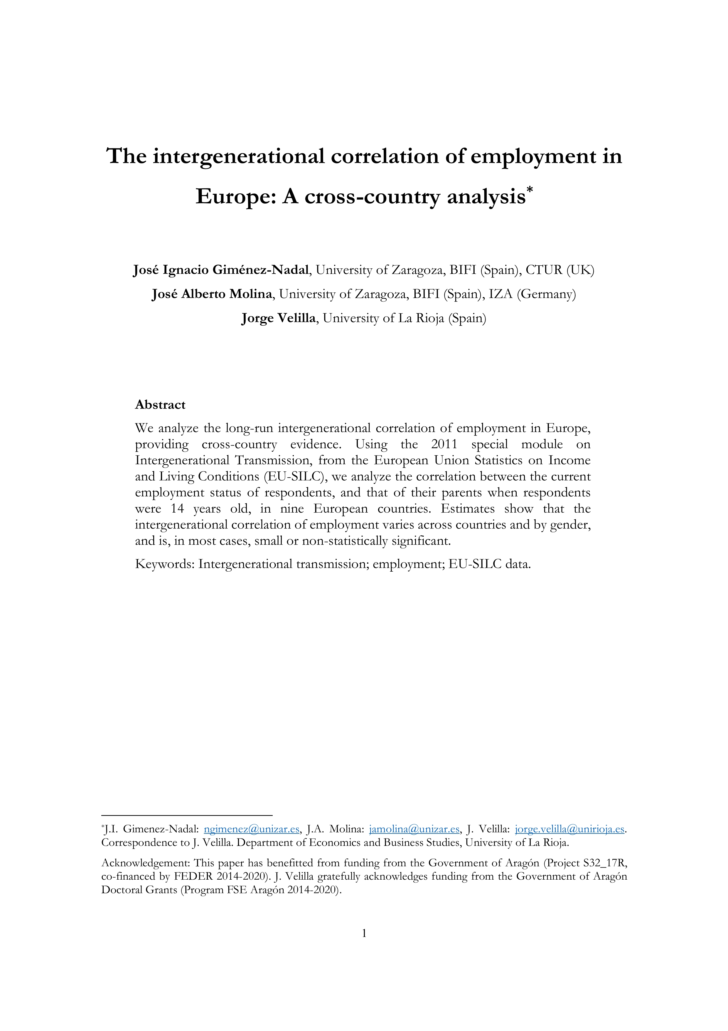 The intergenerational correlation of employment in Europe: a cross-country analysis