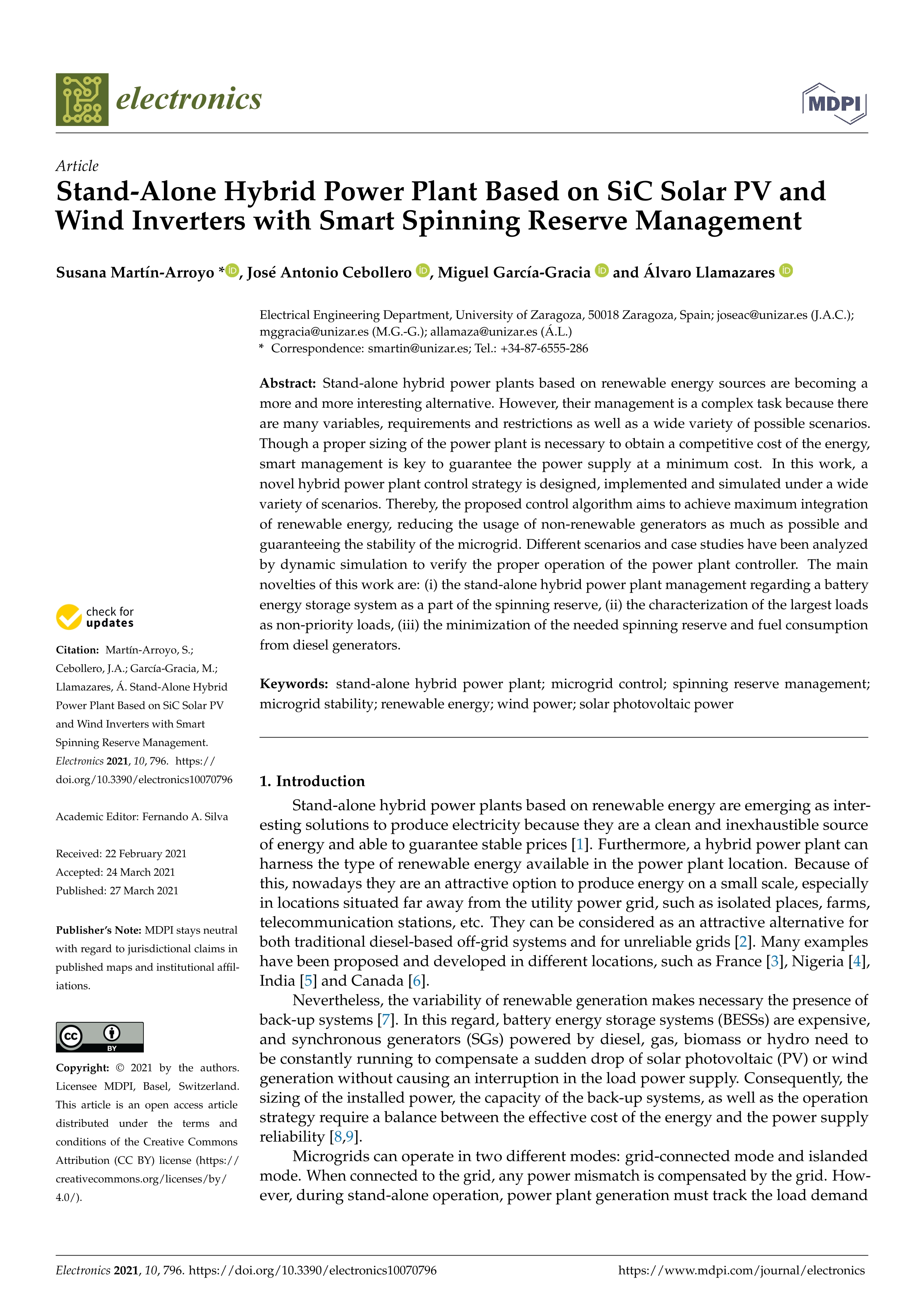 Stand-alone hybrid power plant based on SiC solar PV and wind inverters with smart spinning reserve management