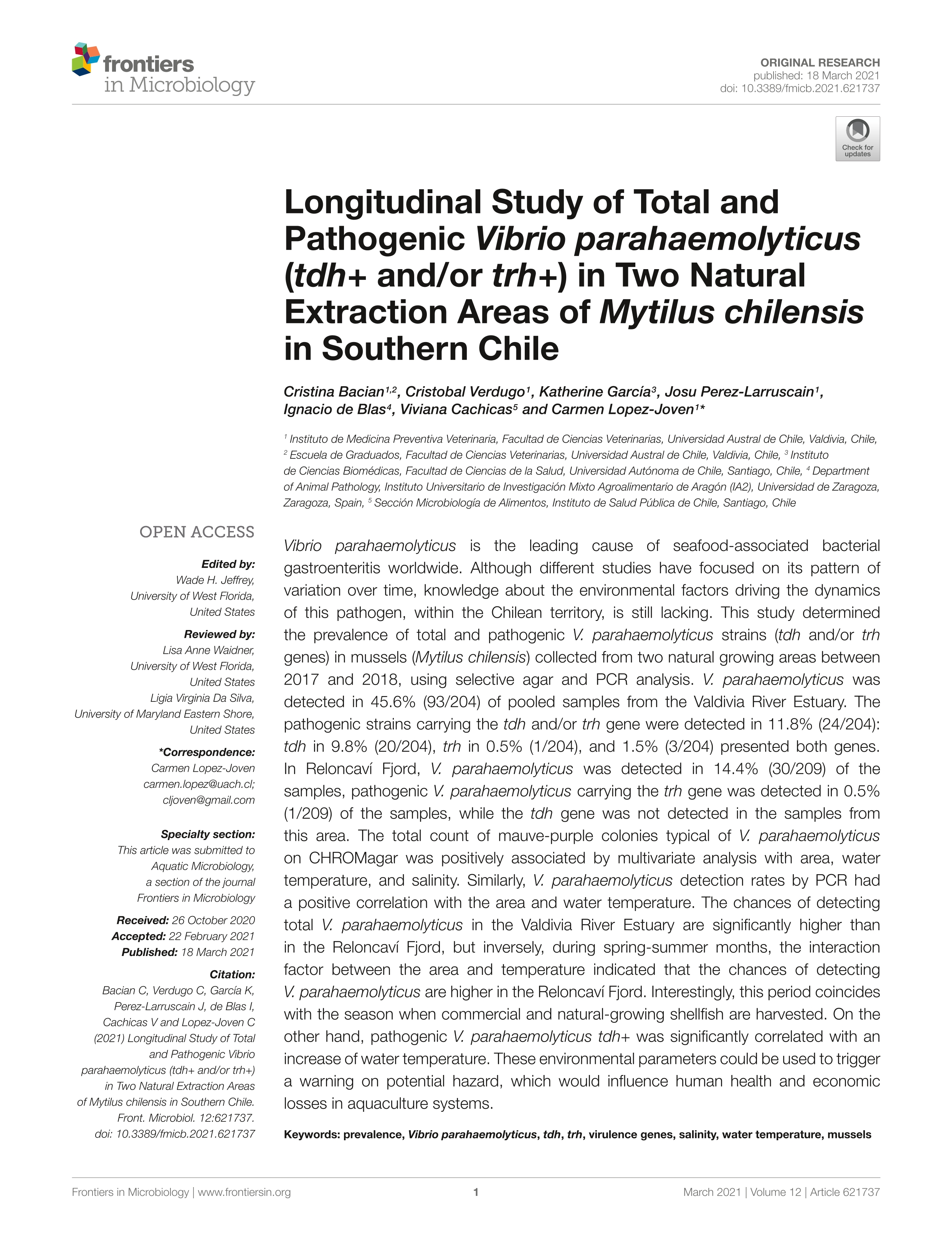 Longitudinal Study of Total and Pathogenic Vibrio parahaemolyticus (tdh+ and/or trh+) in Two Natural Extraction Areas of Mytilus chilensis in Southern Chile