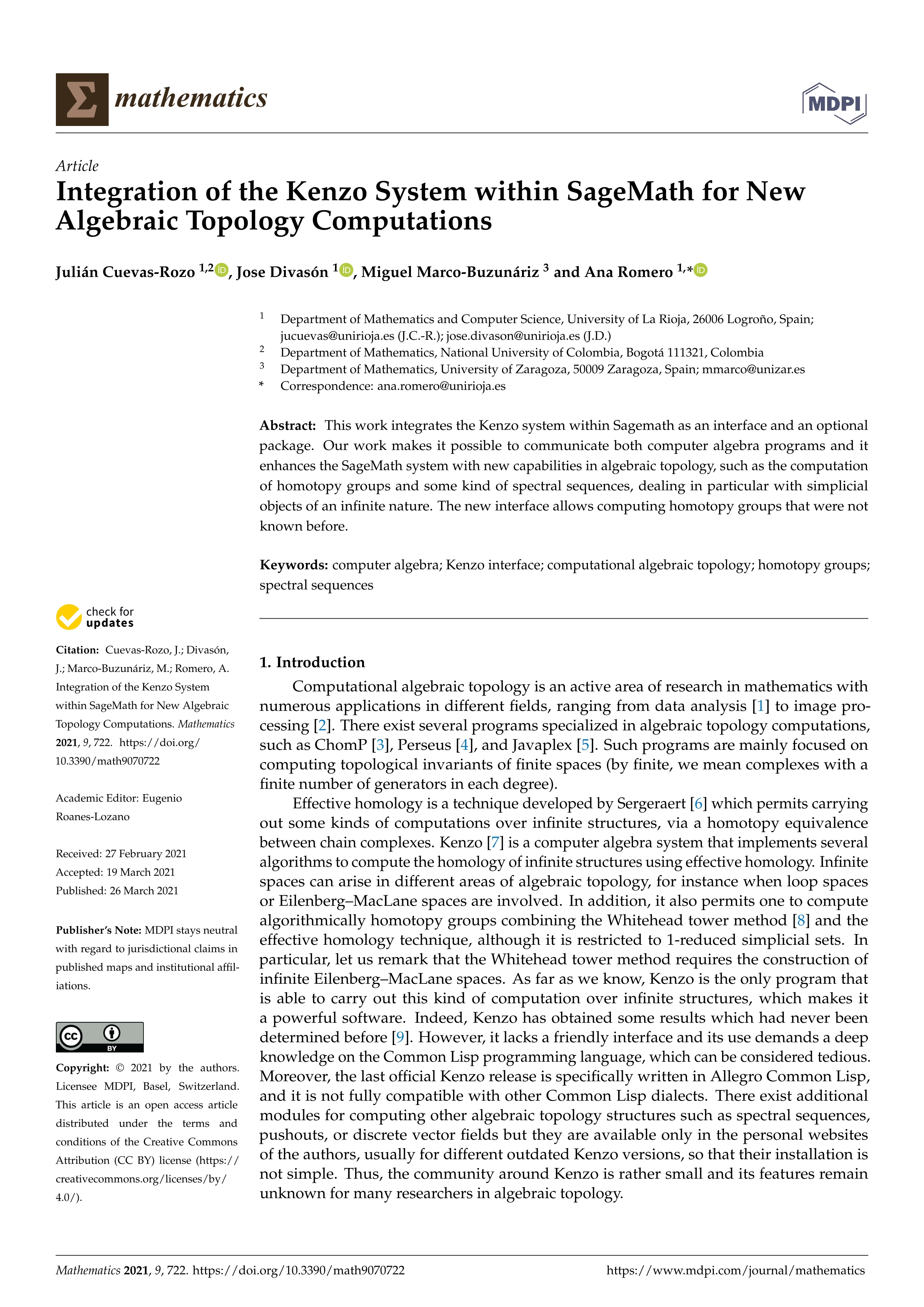Integration of the kenzo system within sagemath for new algebraic topology computations