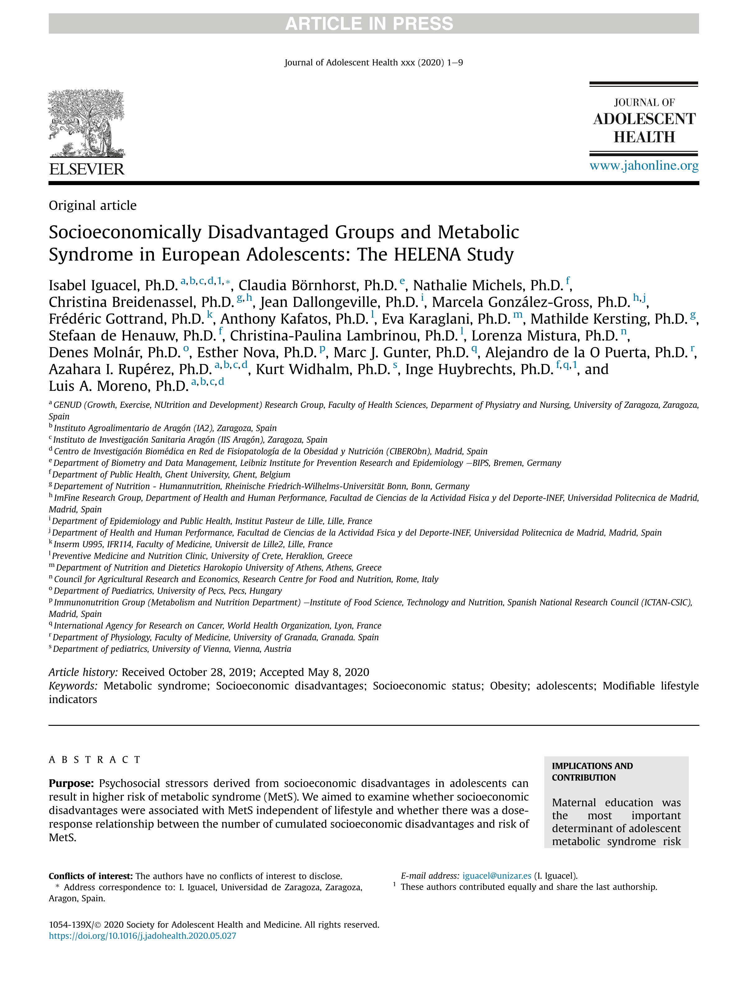 Socioeconomically Disadvantaged Groups and Metabolic Syndrome in European Adolescents: The HELENA Study