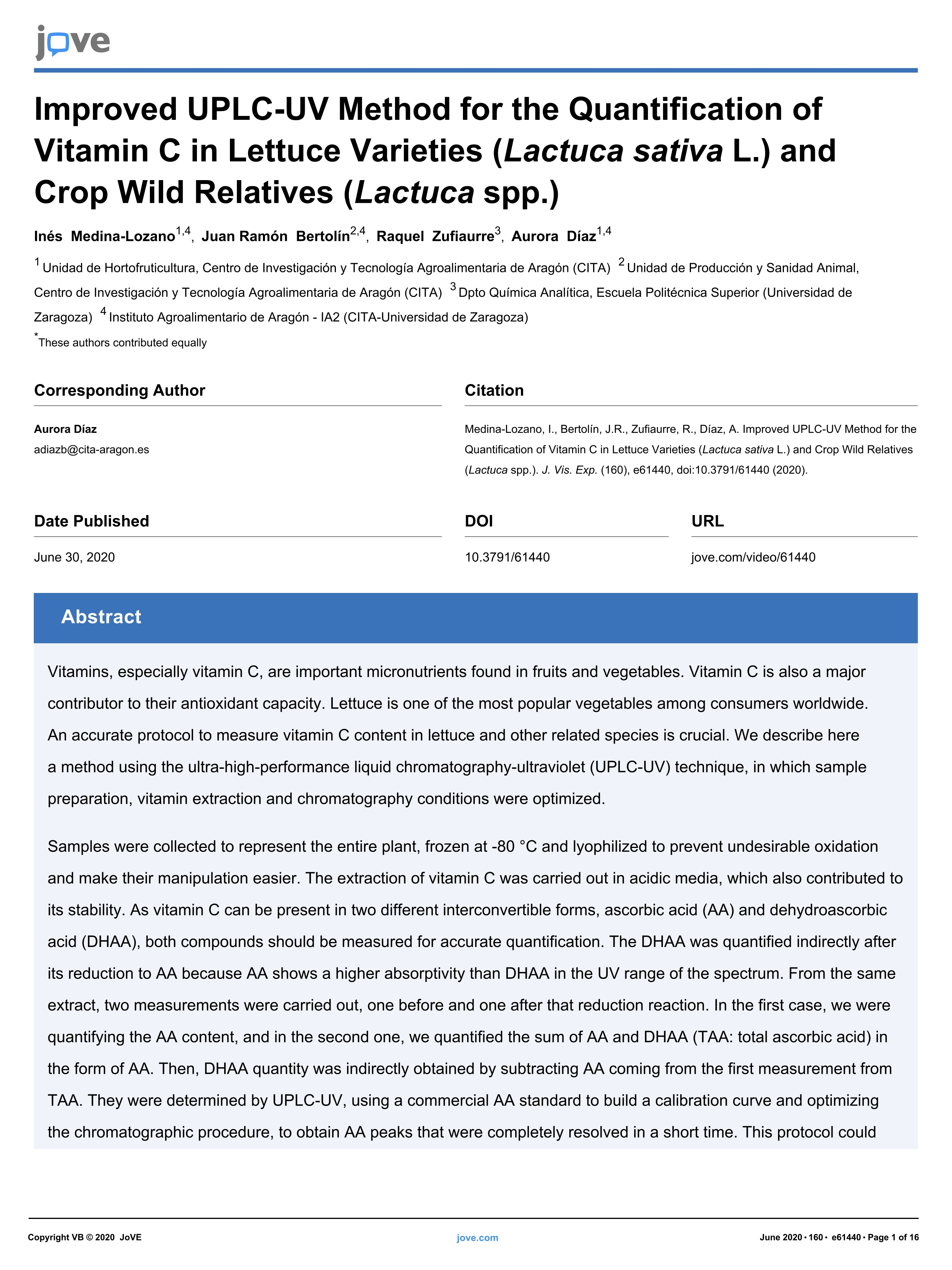 Improved UPLC-UV method for the quantification of vitamin C in lettuce varieties (Lactuca sativa L.) and crop wild relatives (Lactuca spp.)