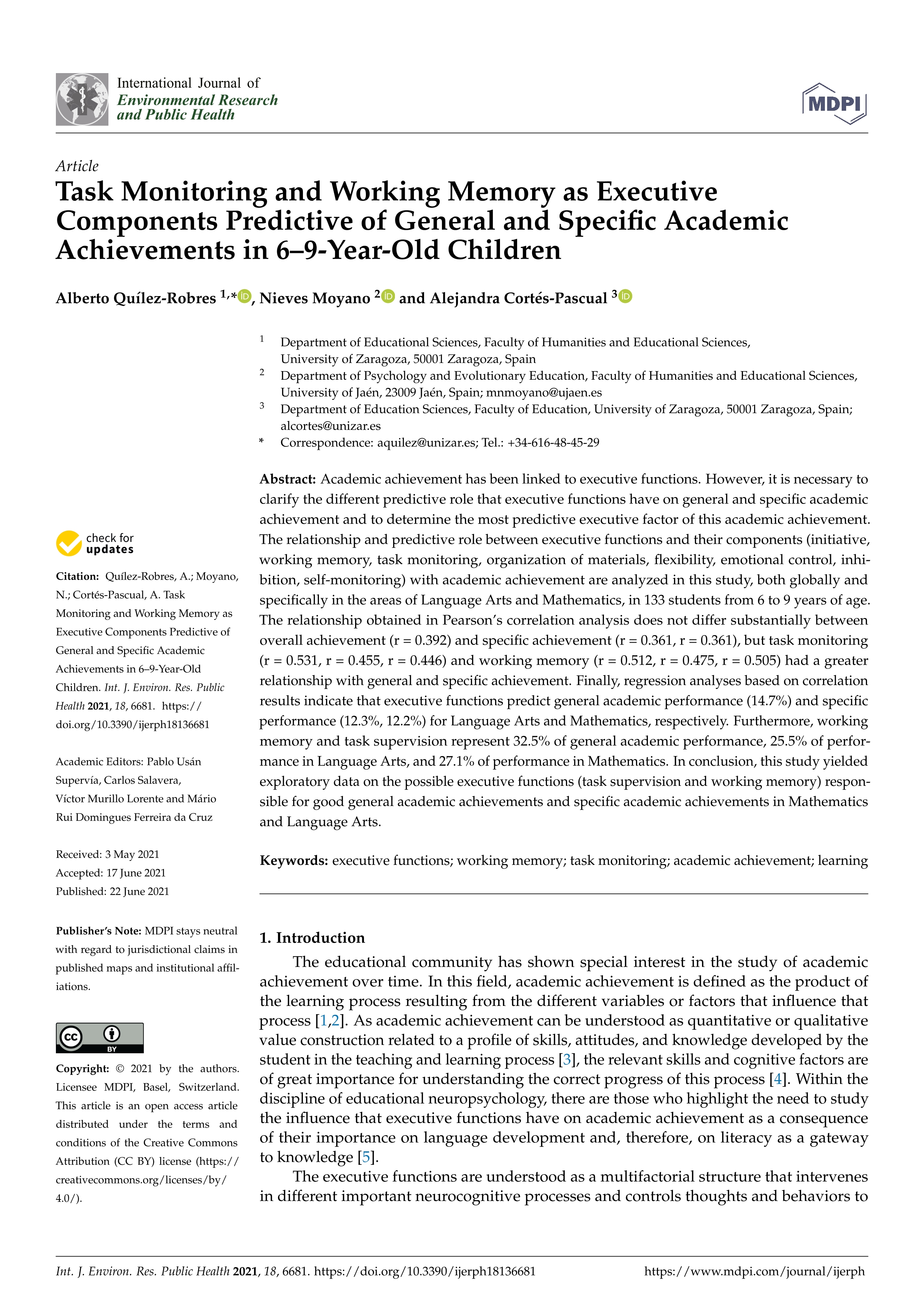 Task monitoring and working memory as executive components predictive of general and specific academic achievements in 6–9-year-old children