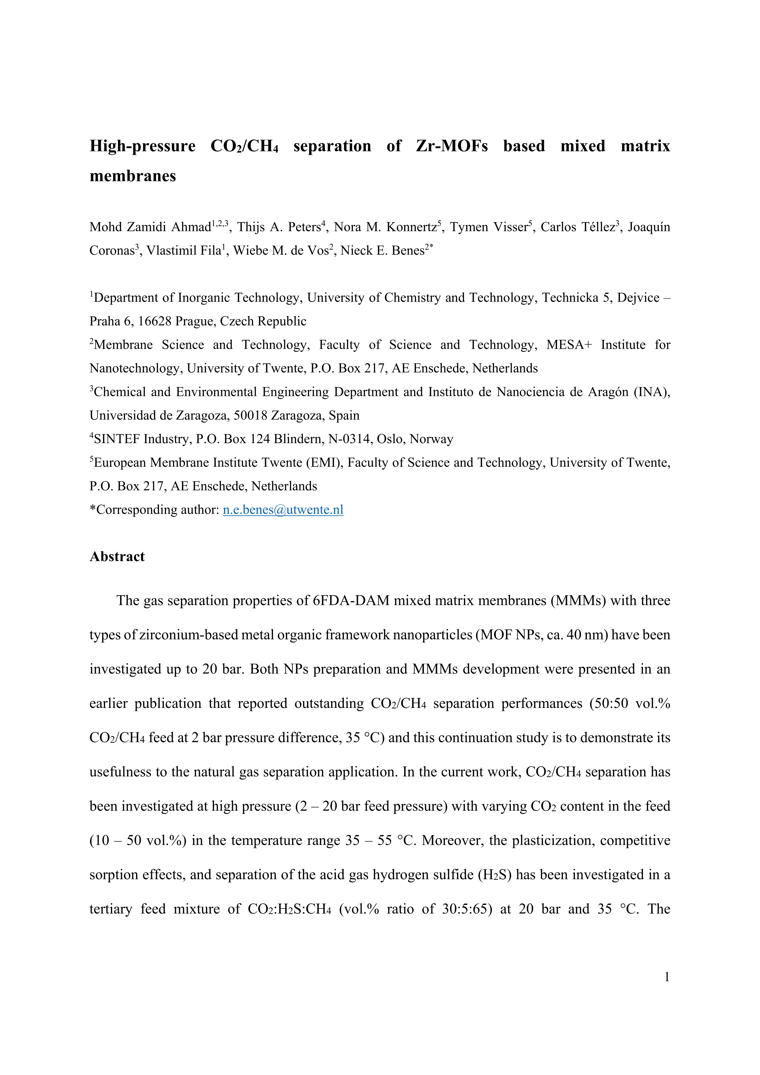 High-pressure CO2/CH4 separation of Zr-MOFs based mixed matrix membranes