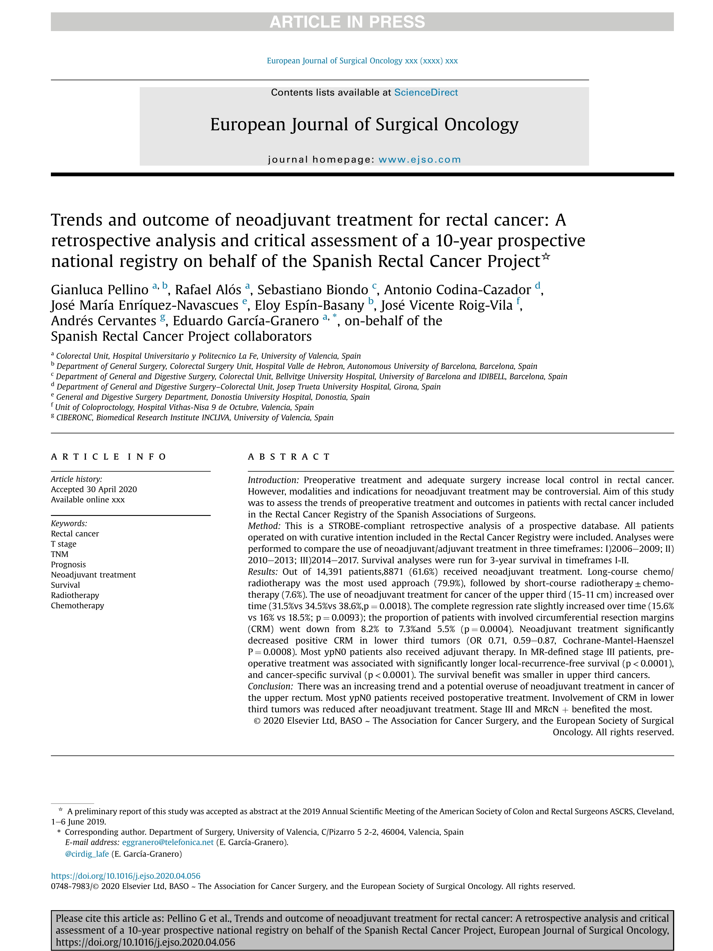 Trends and outcome of neoadjuvant treatment for rectal cancer: A retrospective analysis and critical assessment of a 10-year prospective national registry on behalf of the Spanish Rectal Cancer Project