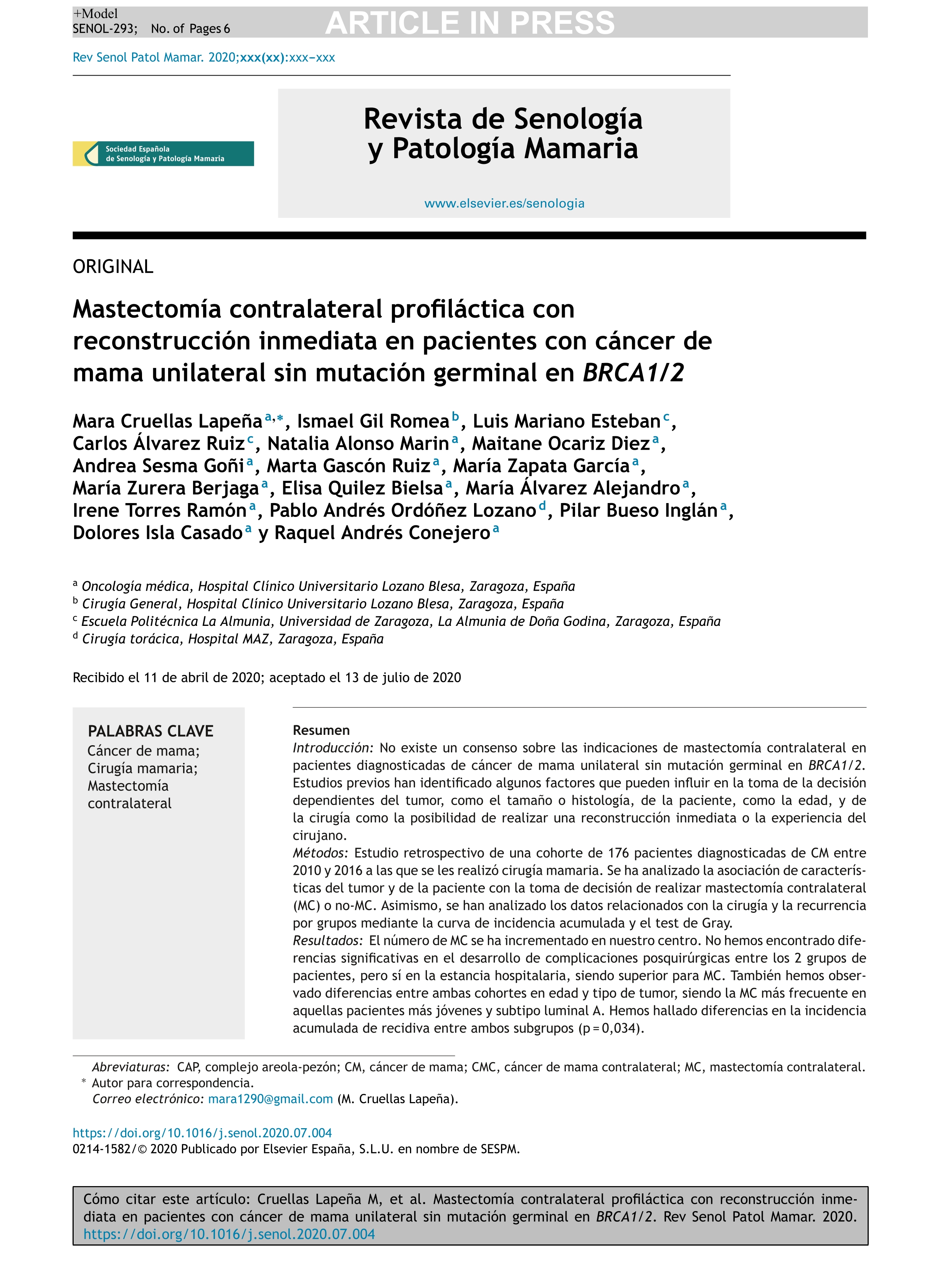 Mastectomía contralateral profiláctica con reconstrucción inmediata en pacientes con cáncer de mama unilateral sin mutación germinal en BRCA1/2