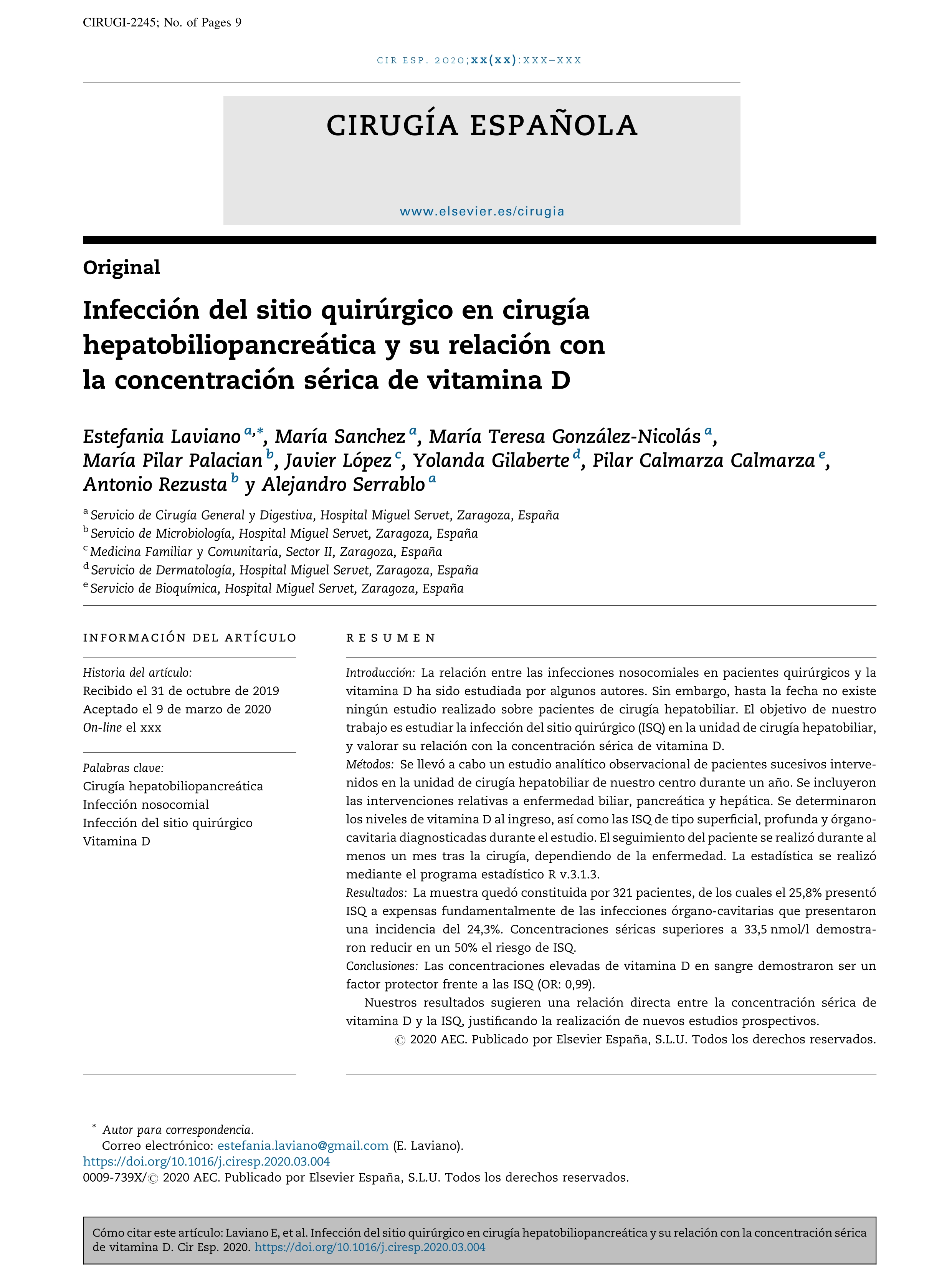 Infección del sitio quirúrgico en cirugía hepatobiliopancreática y su relación con la concentración sérica de vitamina D