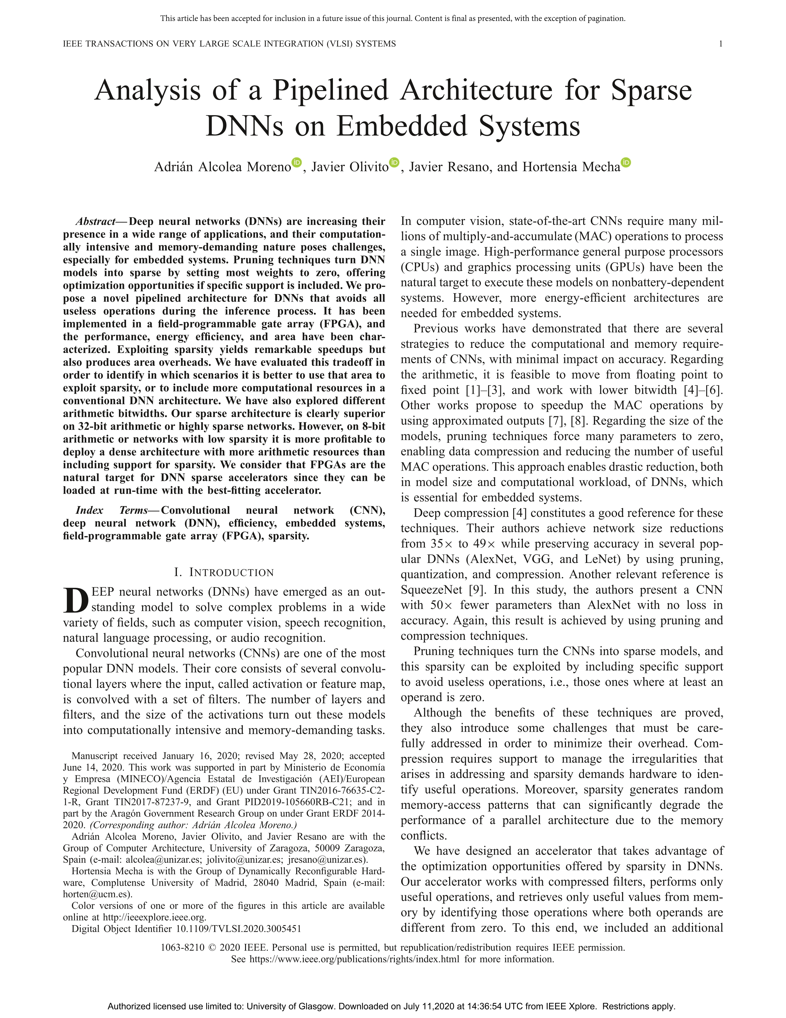 Analysis of a Pipelined Architecture for Sparse DNNs on Embedded Systems