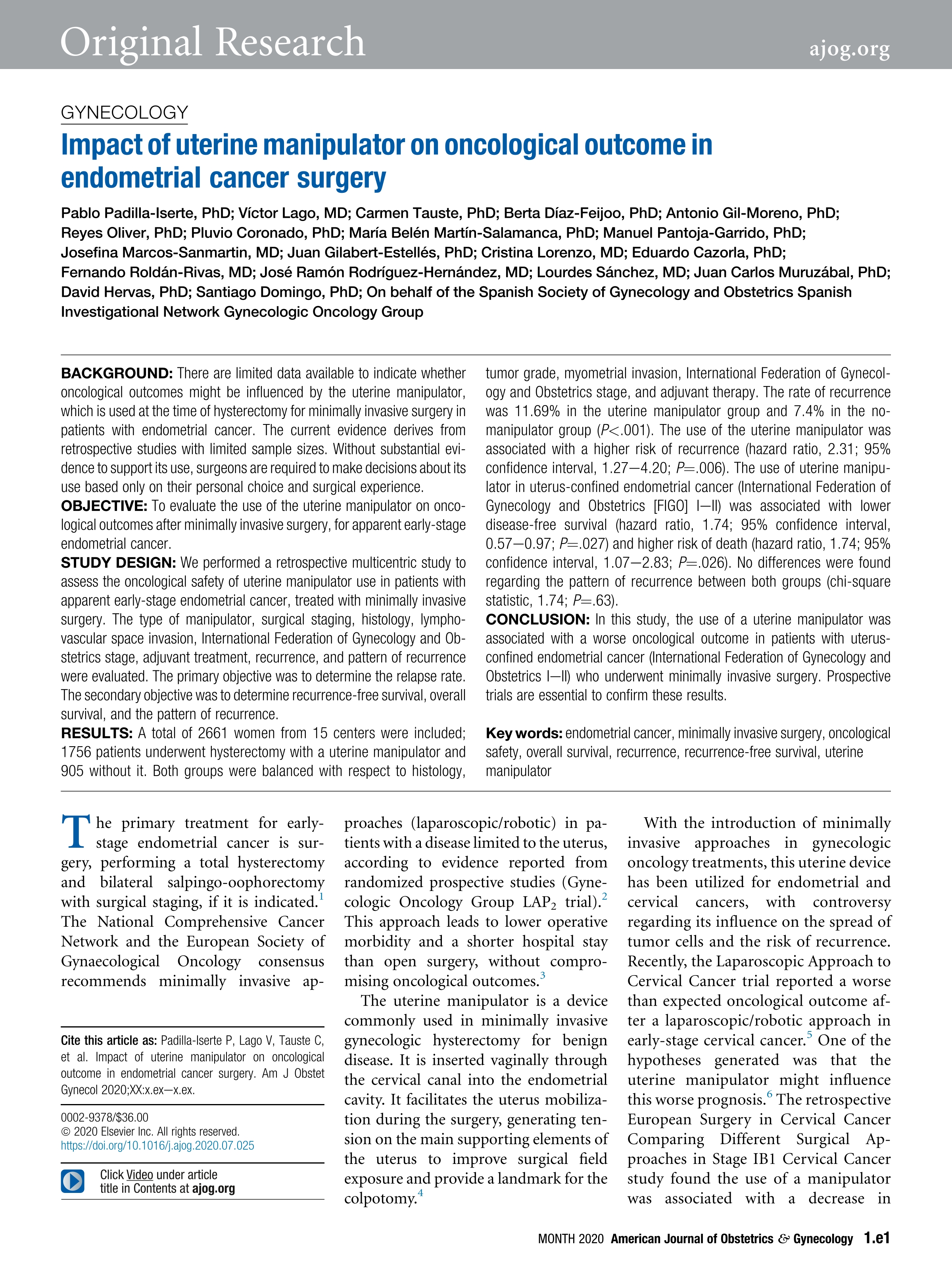 Impact of uterine manipulator on oncological outcome in endometrial cancer surgery