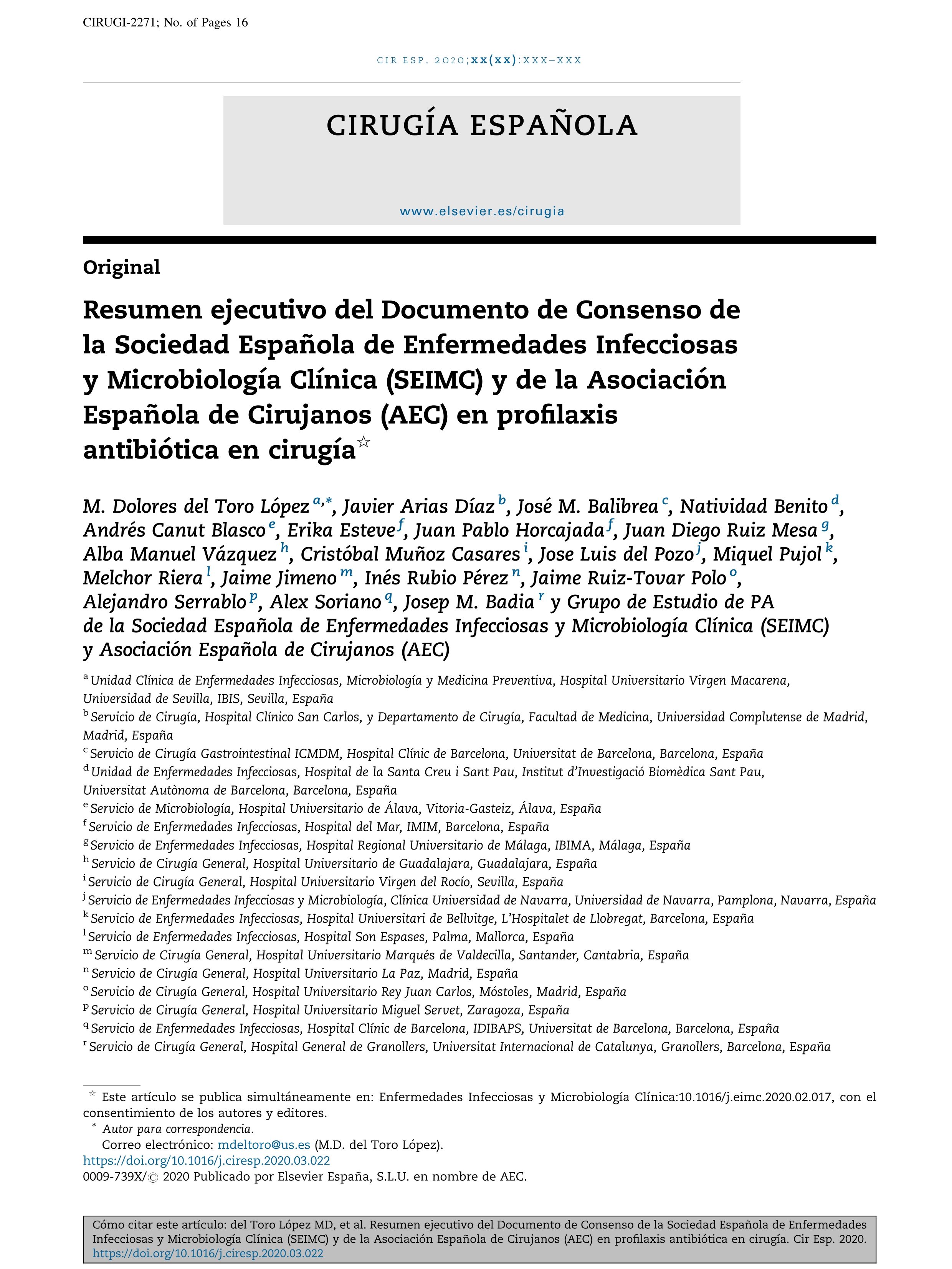 Resumen ejecutivo del Documento de Consenso de la Sociedad Española de Enfermedades Infecciosas y Microbiología Clínica (SEIMC) y de la Asociación Española de Cirujanos (AEC) en profilaxis antibiótica en cirugía