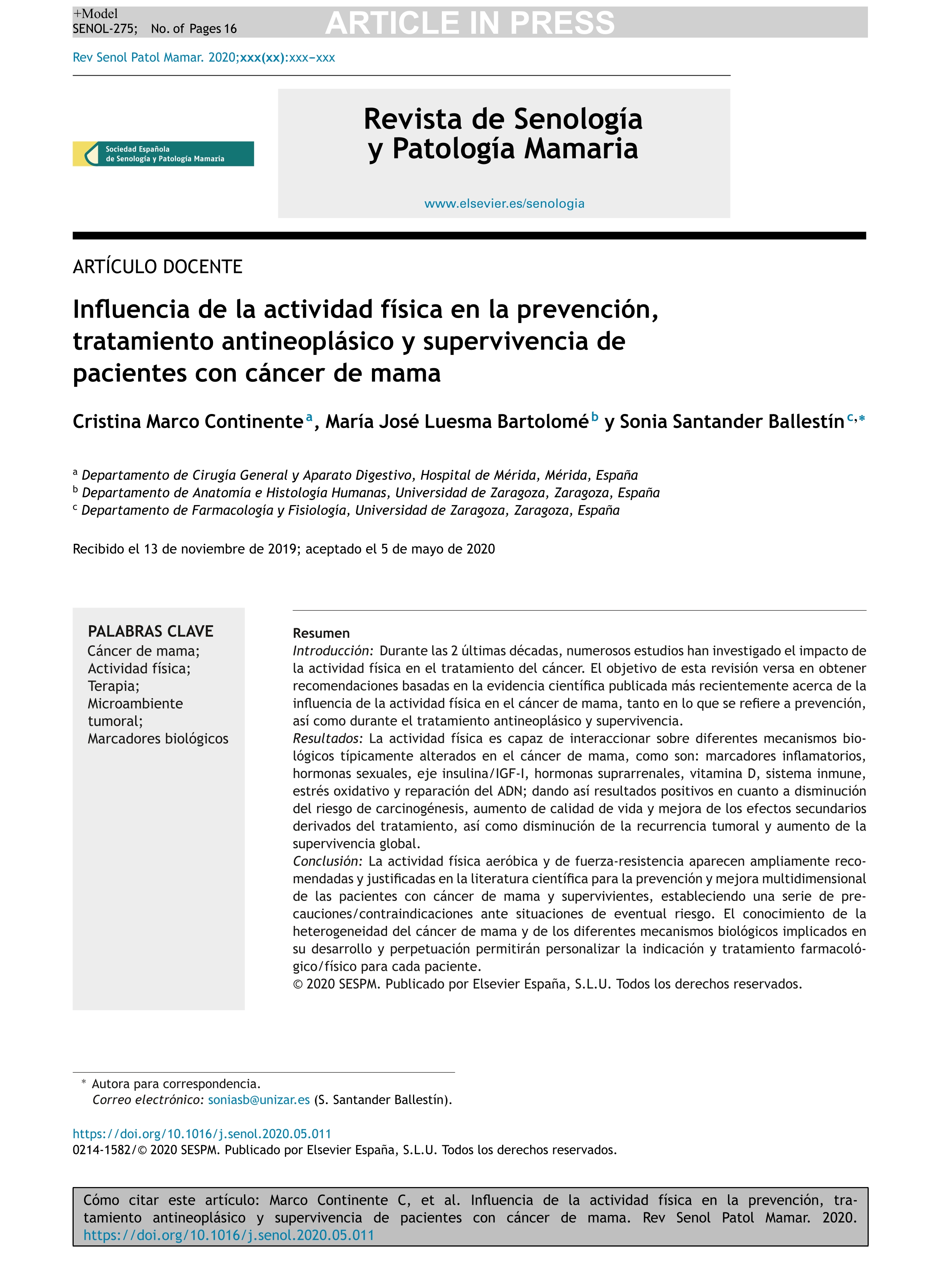 Influencia de la actividad física en la prevención, tratamiento antineoplásico y supervivencia de pacientes con cáncer de mama