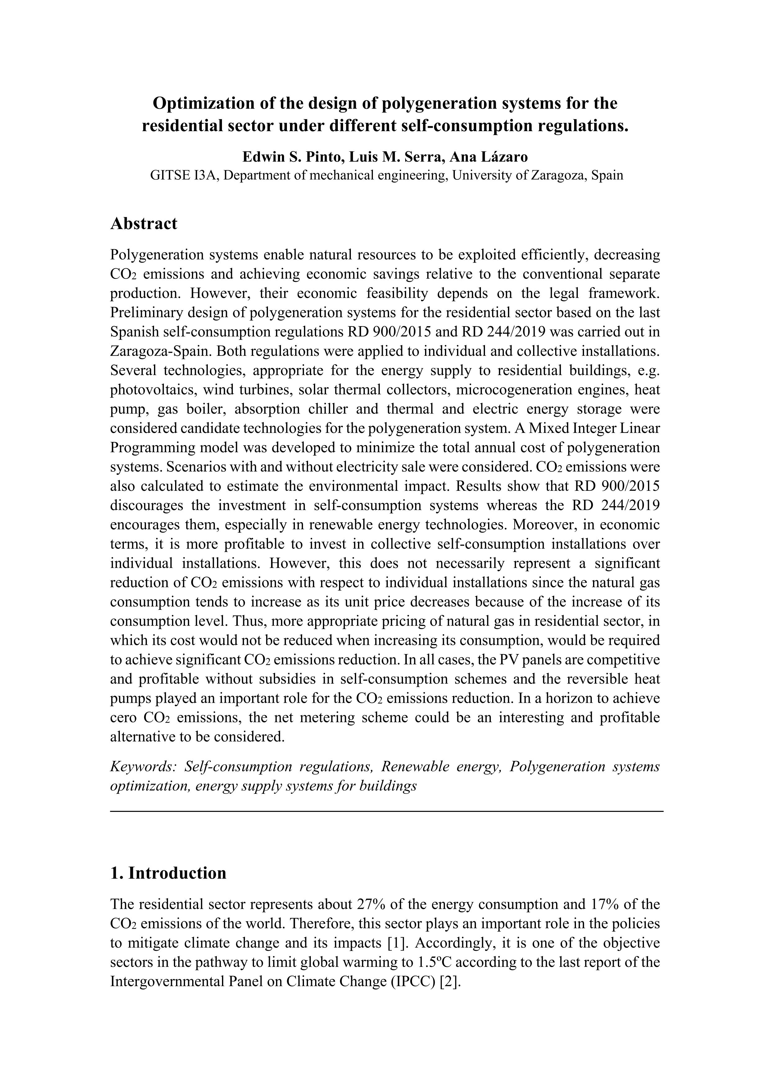 Optimization of the design of polygeneration systems for the residential sector under different self-consumption regulations