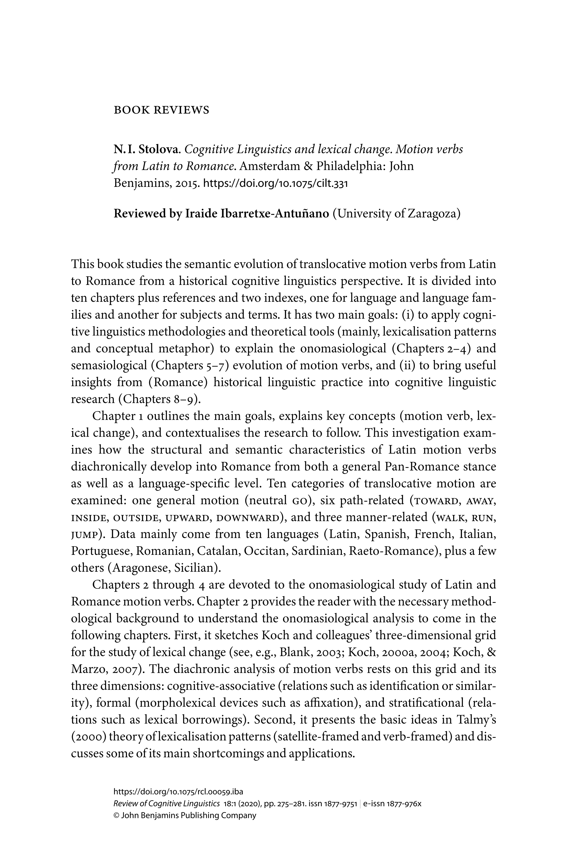 Book review: N.I. Stolova. Cognitive Linguistics and lexical change. Motion verbs from Latin to Romance. Amsterdam & Philadelphia: John Benjamins, 2015