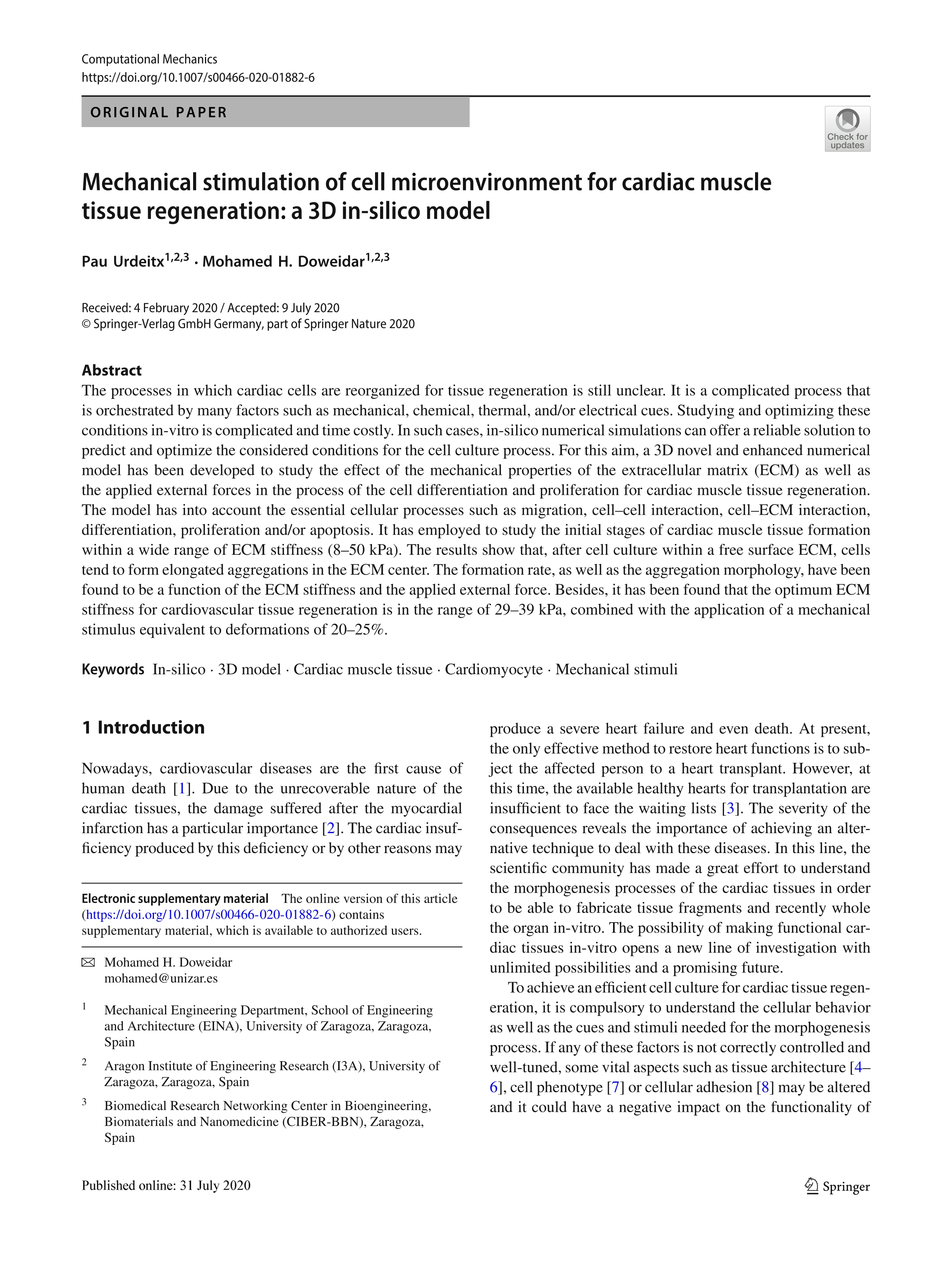 Mechanical stimulation of cell microenvironment for cardiac muscle tissue regeneration: a 3D in-silico model