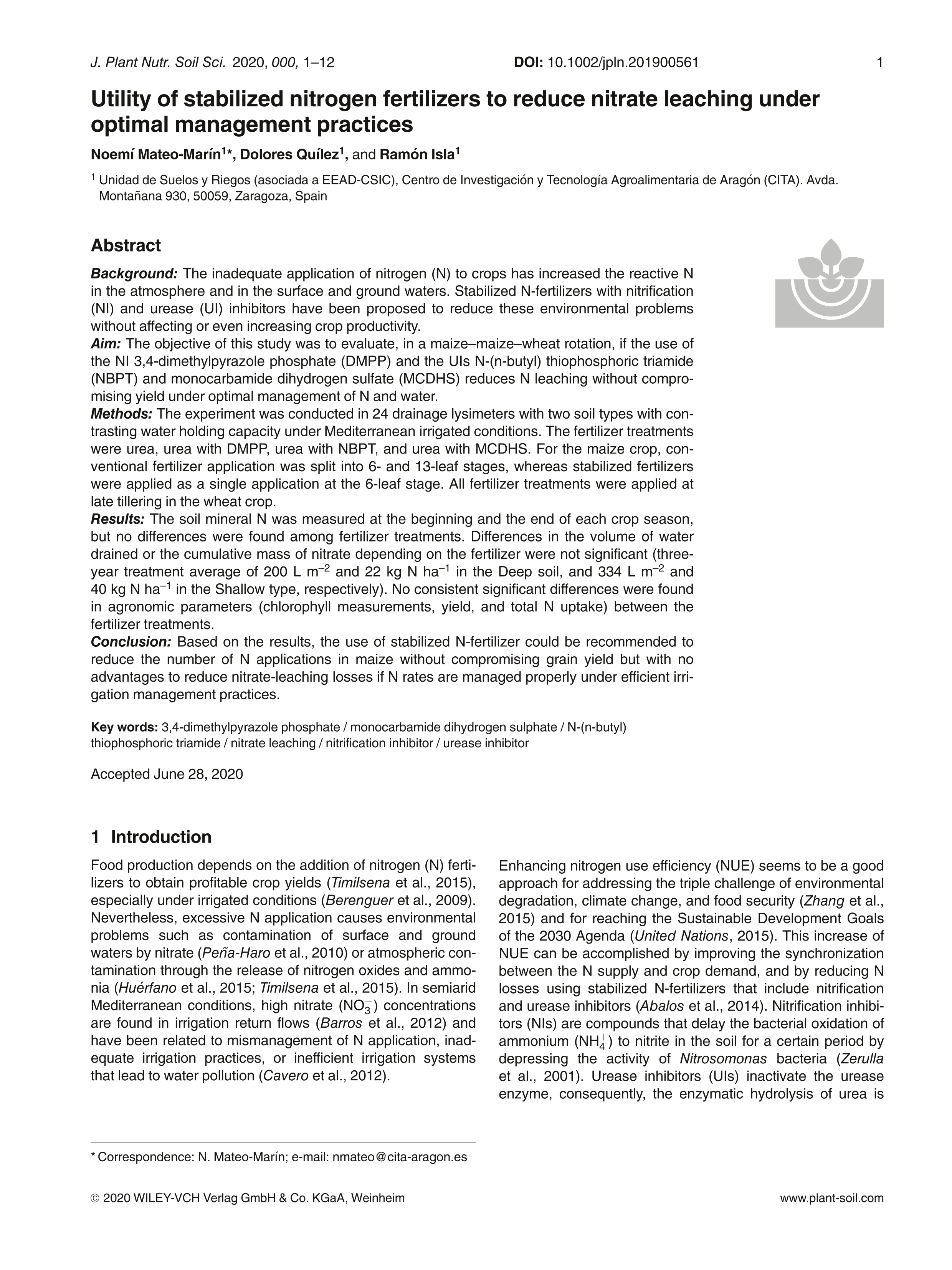 Utility of stabilized nitrogen fertilizers to reduce nitrate leaching under optimal management practices