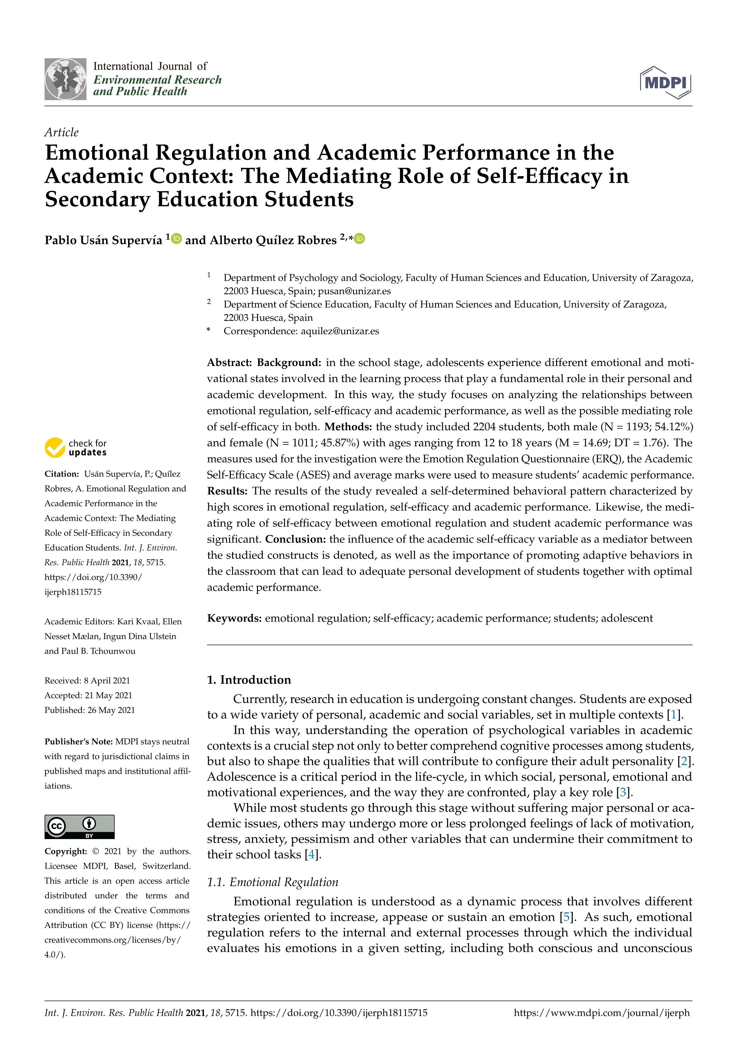 Emotional regulation and academic performance in the academic context: The mediating role of self-efficacy in Secondary Education students