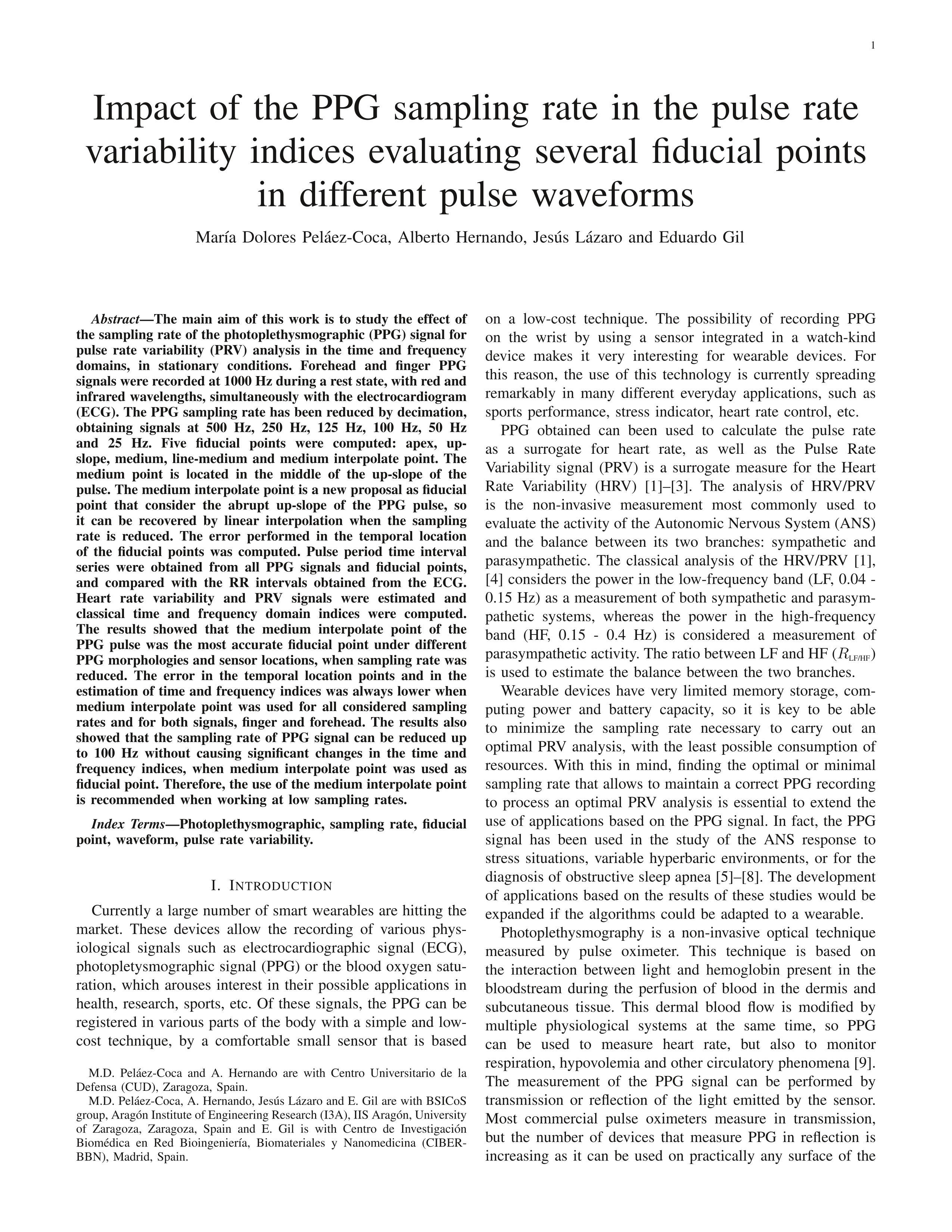 Impact of the PPG sampling rate in the pulse rate variability indices evaluating several fiducial points in different pulse waveforms