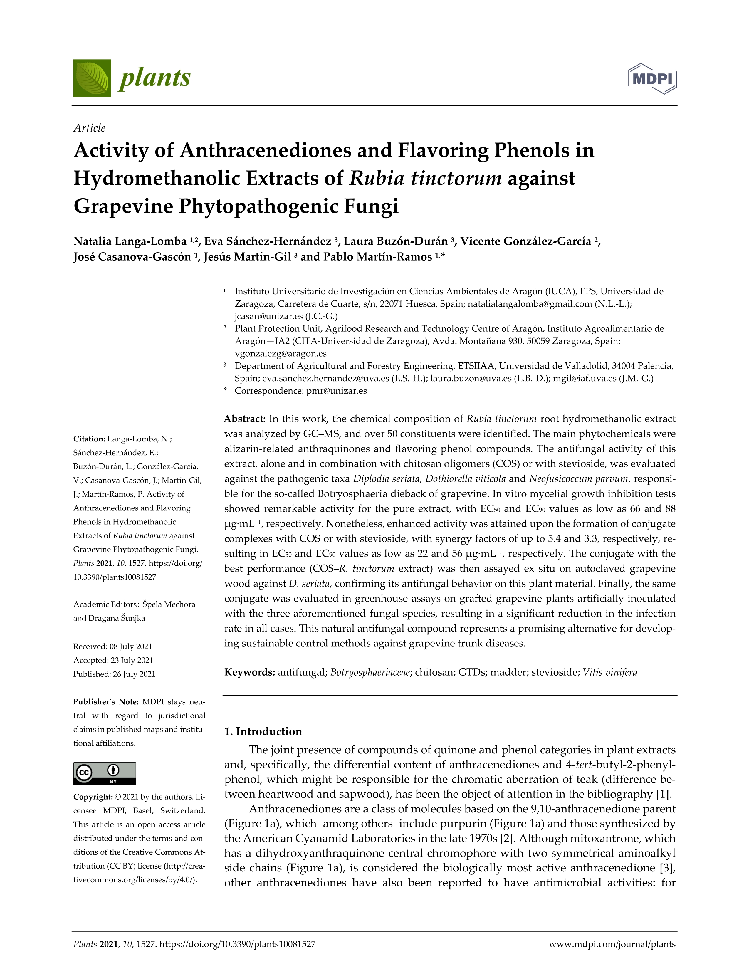 Activity of anthracenediones and flavoring phenols in hydromethanolic extracts of Rubia tinctorum against grapevine phytopathogenic fungi