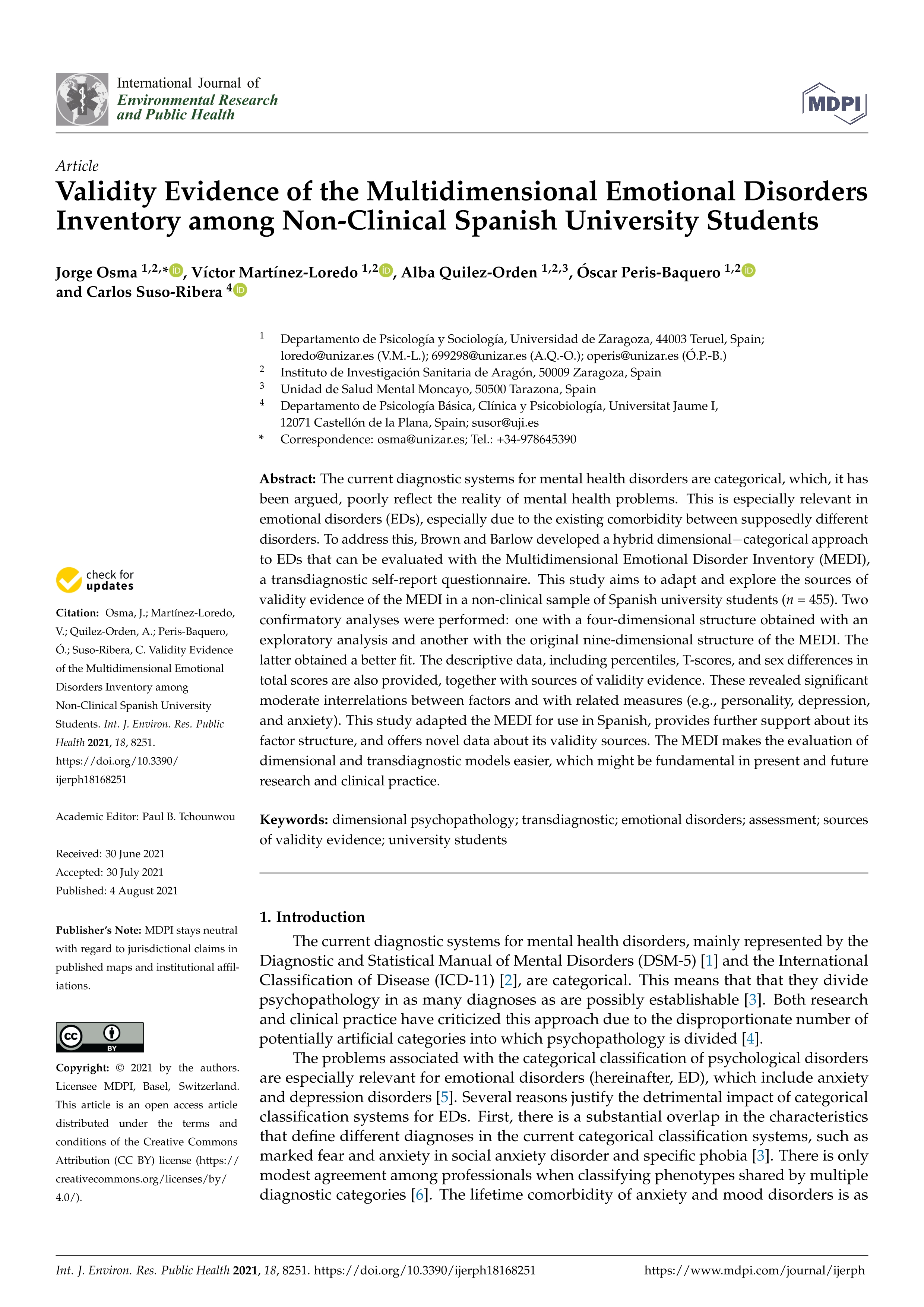 Validity evidence of the multidimensional emotional disorders inventory among non-clinical spanish university students