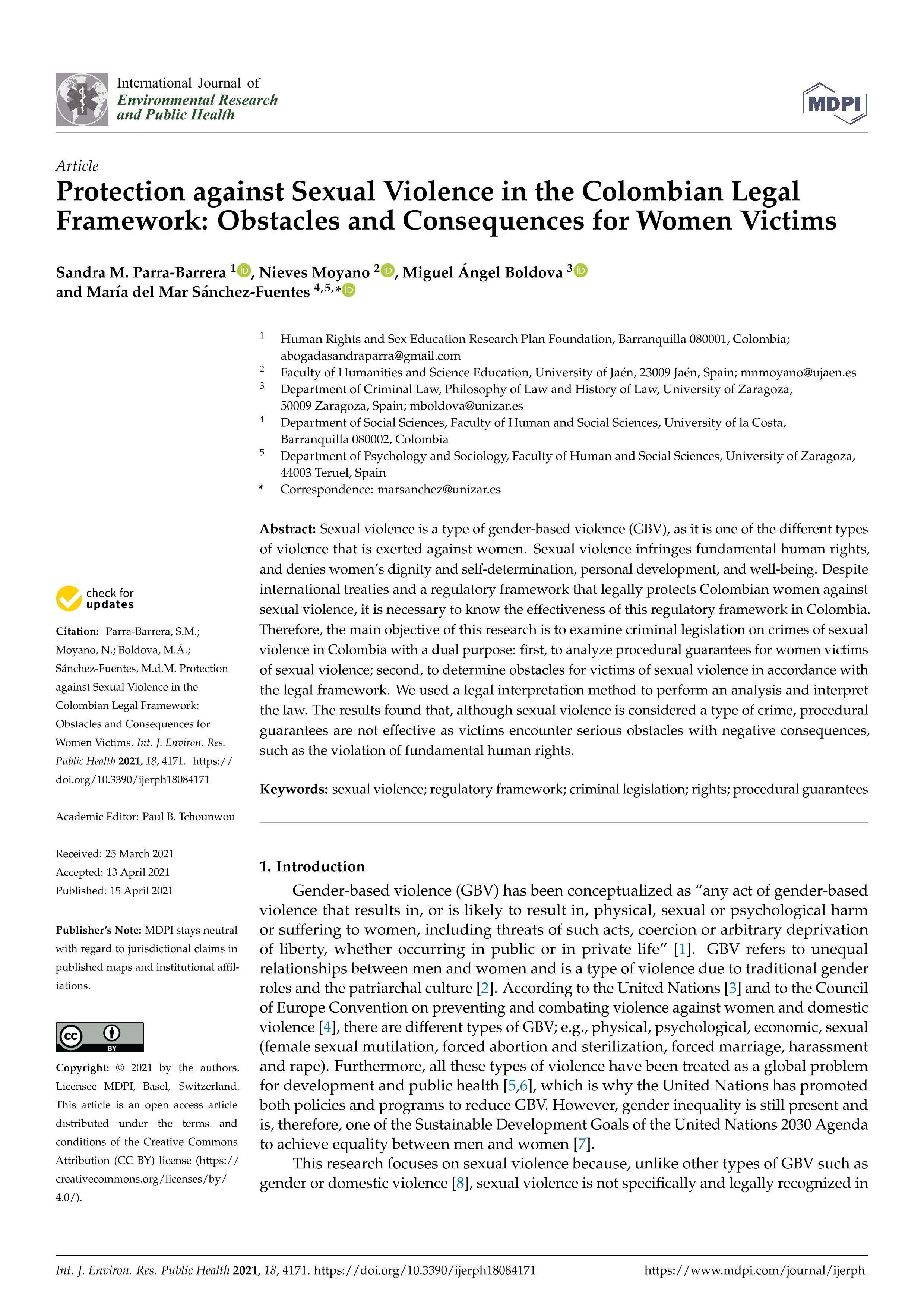 Protection against sexual violence in the Colombian legal framework: obstacles and consequences for women victims
