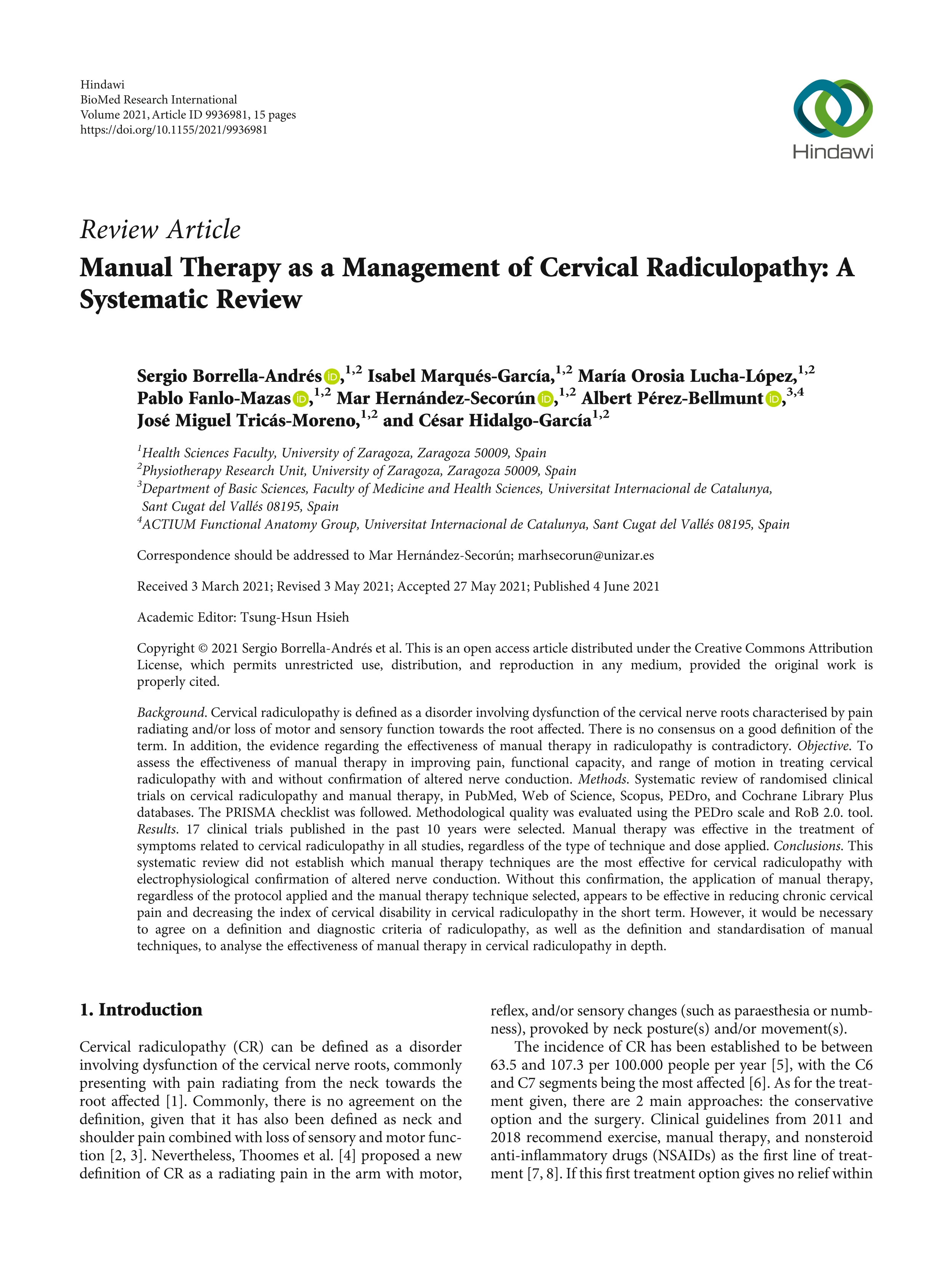 Manual therapy as a management of cervical radiculopathy: a systematic review