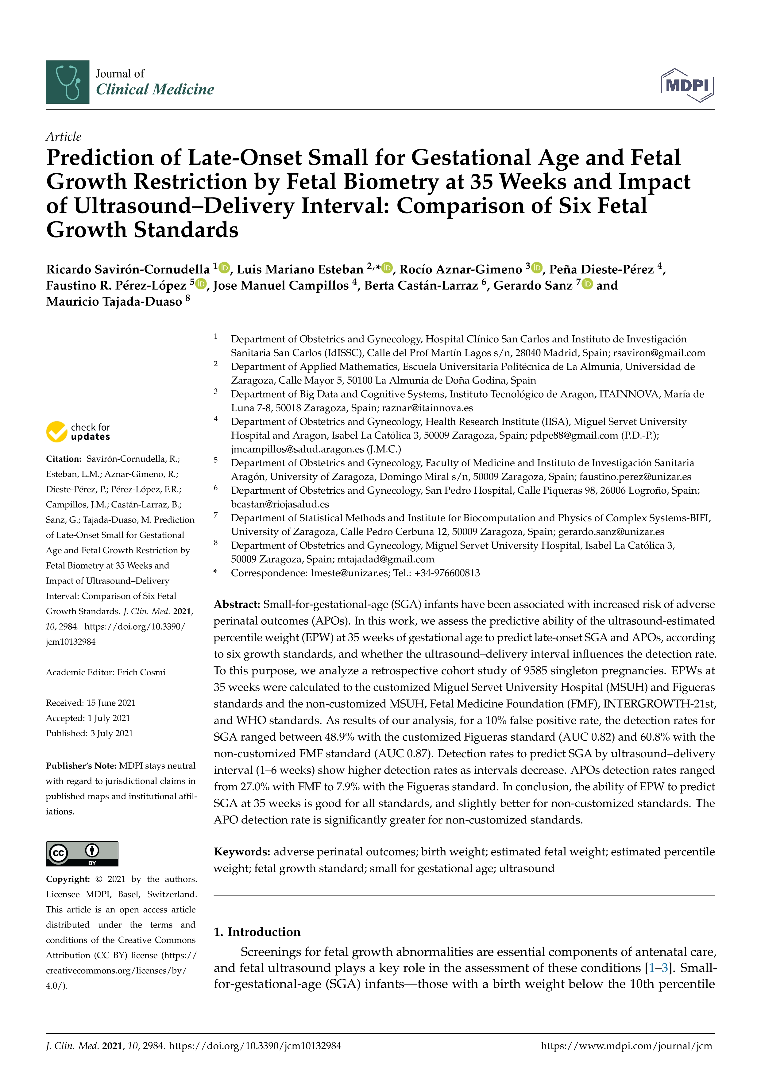 Prediction of late-onset small for gestational age and fetal growth restriction by fetal biometry at 35 weeks and impact of ultrasound–delivery interval: comparison of six fetal growth standards