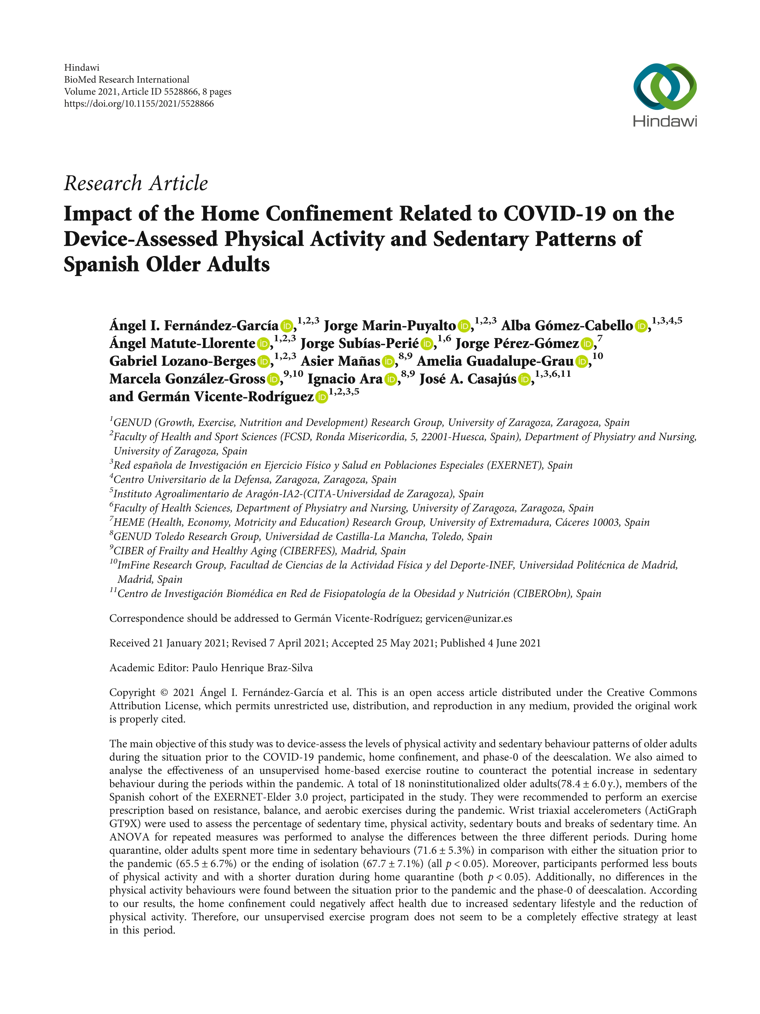 Impact of the home confinement related to covid-19 on the device-assessed physical activity and sedentary aatterns of spanish older adults