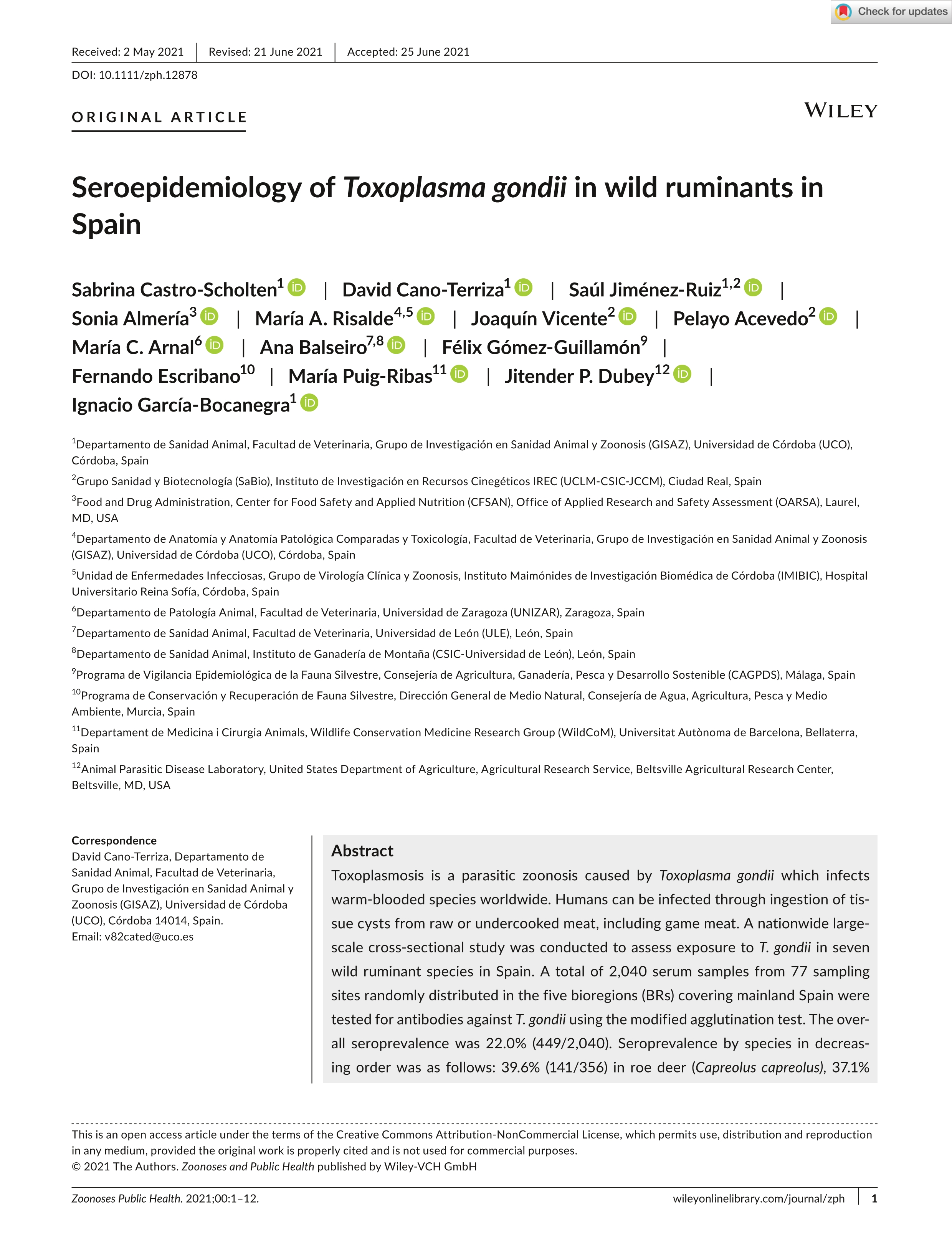 Seroepidemiology of toxoplasma gondii in wild ruminants in Spain