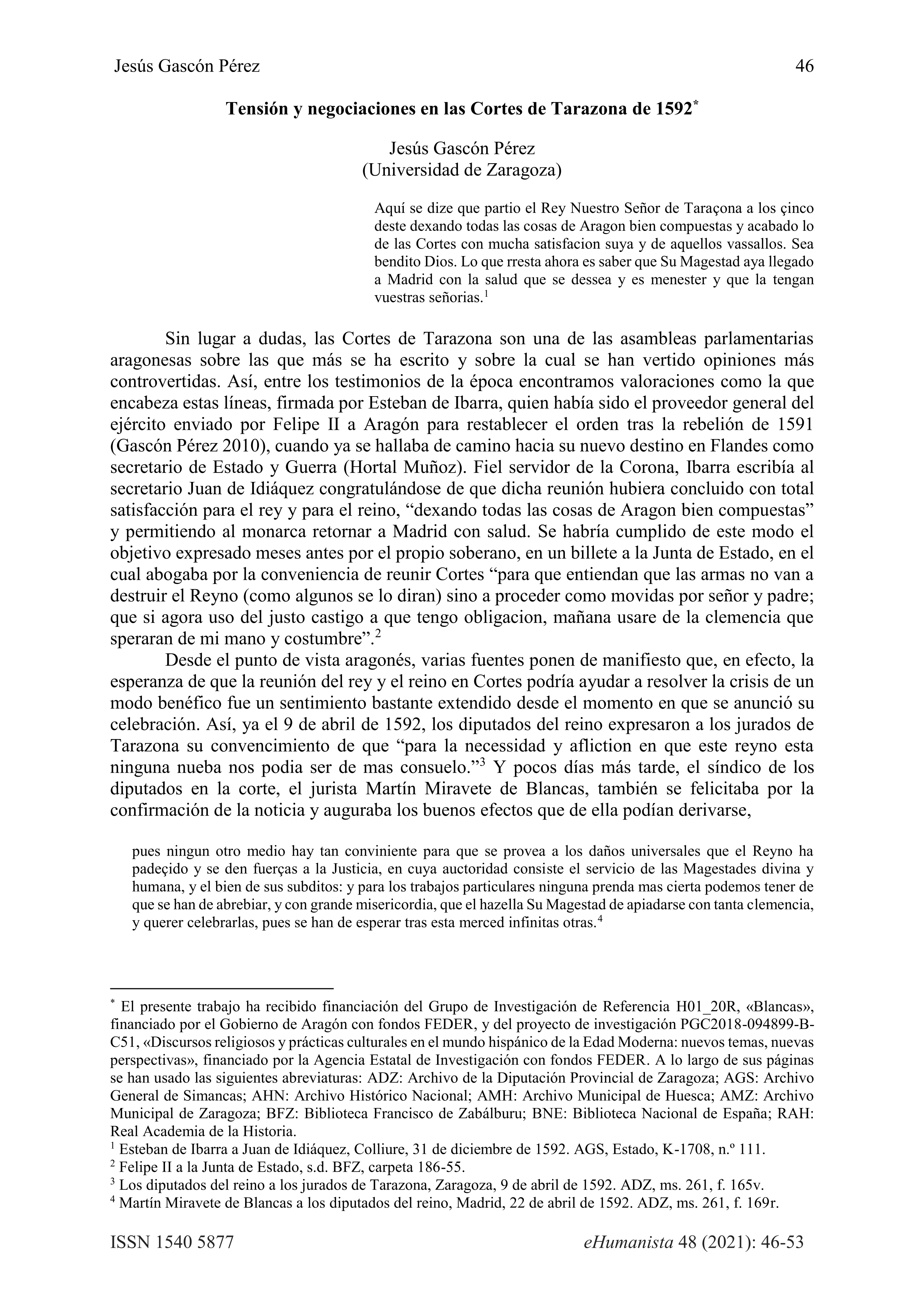 Tensión y negociaciones en las Cortes de Tarazona de 1592