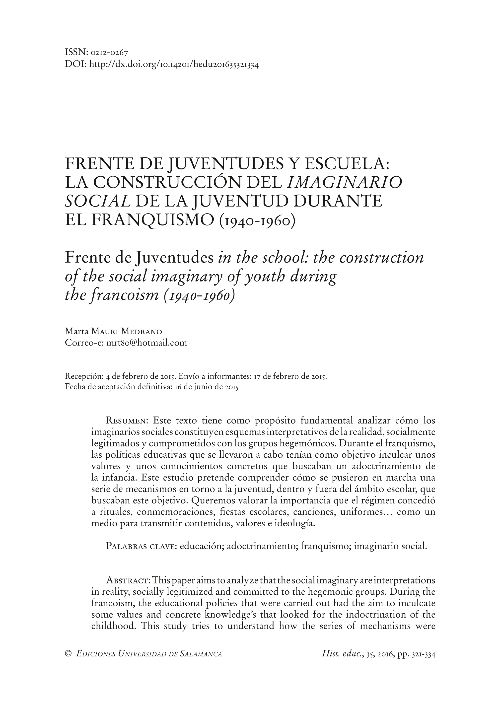 Frente de juventudes y escuela: la construcción del imaginario social de la juventud durante el franquismo (1940-1960)